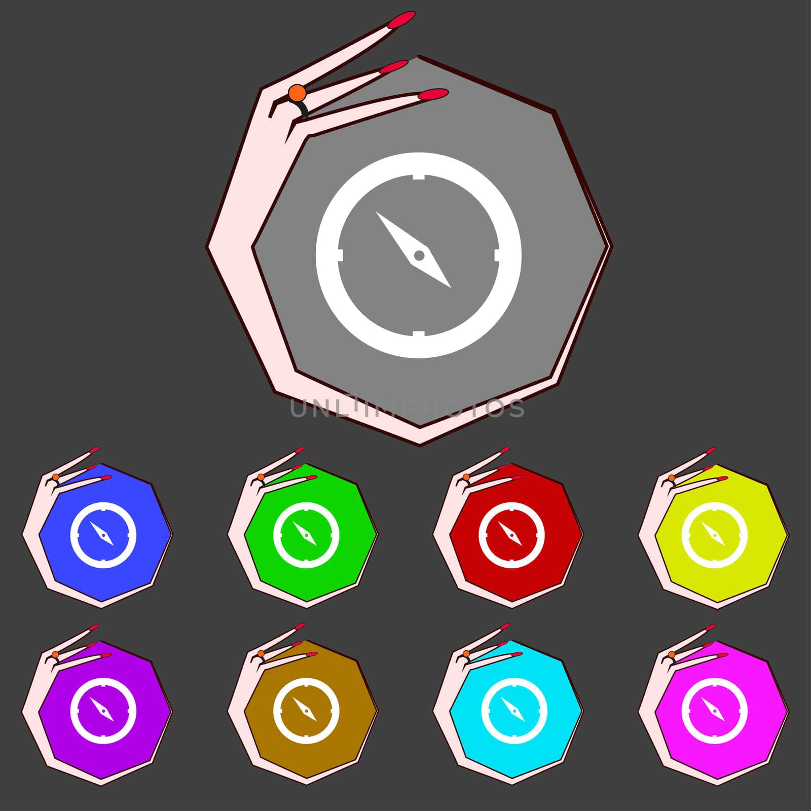 Compass sign icon. Windrose navigation symbol. Set colourful buttons.  by serhii_lohvyniuk