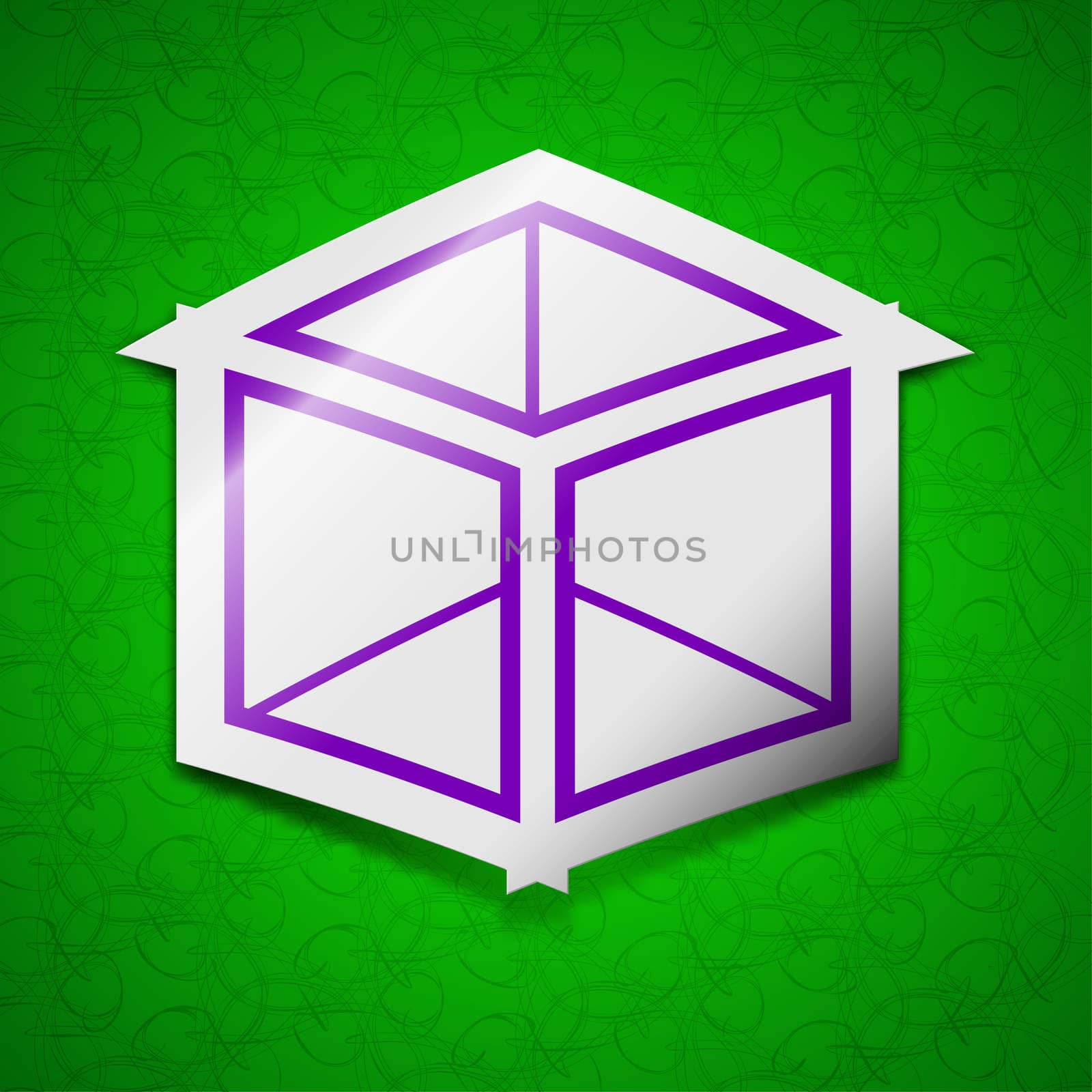 3d cube icon sign. Symbol chic colored sticky label on green background.  by serhii_lohvyniuk