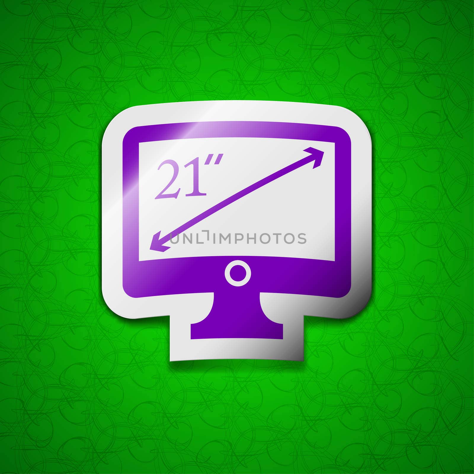 diagonal of the monitor 21 inches icon sign. Symbol chic colored sticky label on green background. illustration