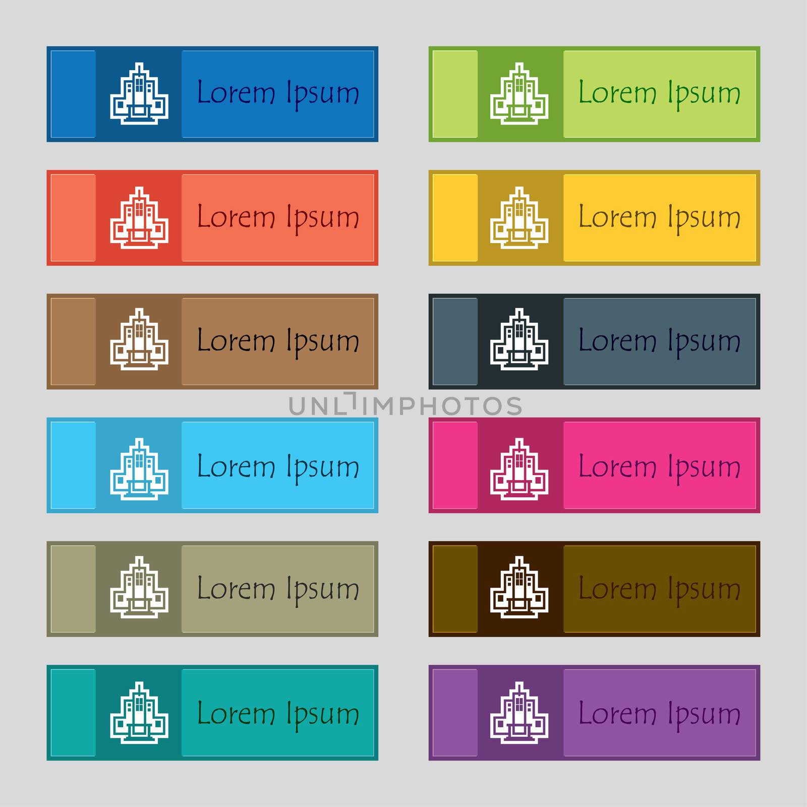 skyscraper icon sign. Set of twelve rectangular, colorful, beautiful, high-quality buttons for the site.  by serhii_lohvyniuk