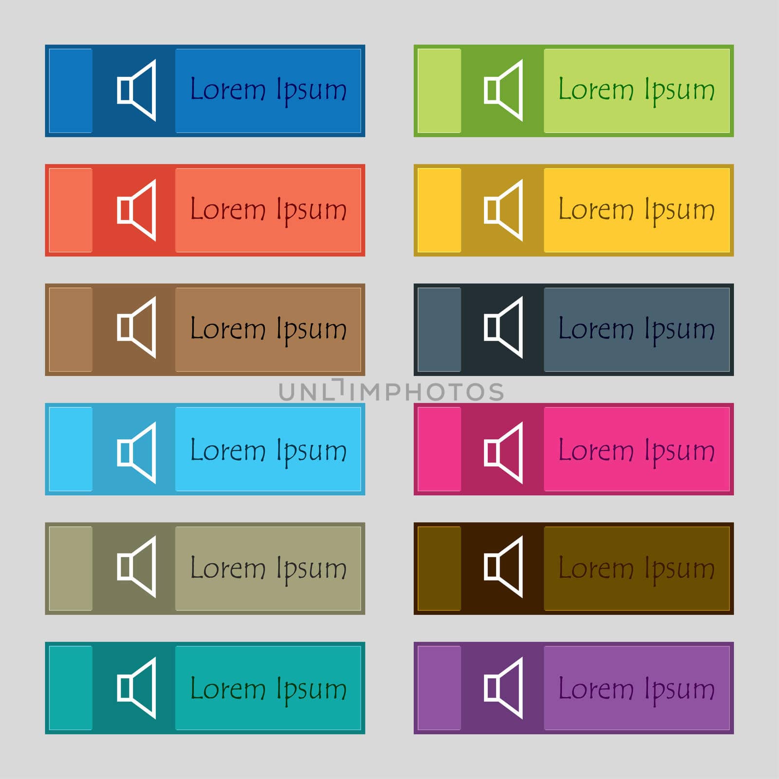 volume, sound icon sign. Set of twelve rectangular, colorful, beautiful, high-quality buttons for the site.  by serhii_lohvyniuk