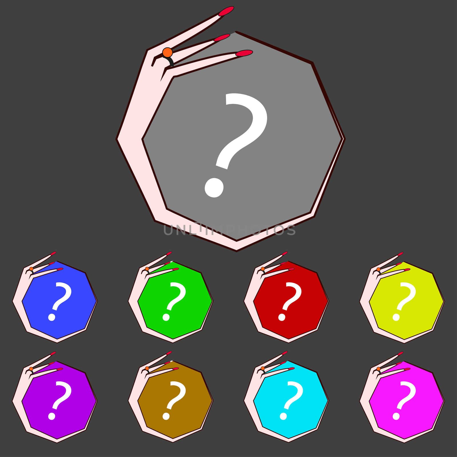 Question mark sign icon. Help symbol. FAQ sign. Set colourful buttons illustration