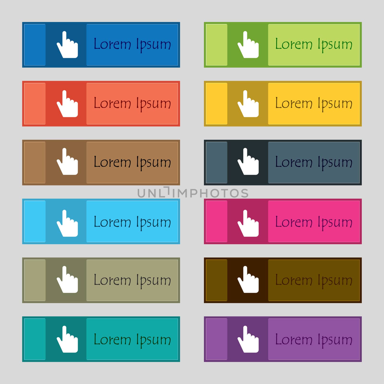 cursor icon sign. Set of twelve rectangular, colorful, beautiful, high-quality buttons for the site.  by serhii_lohvyniuk