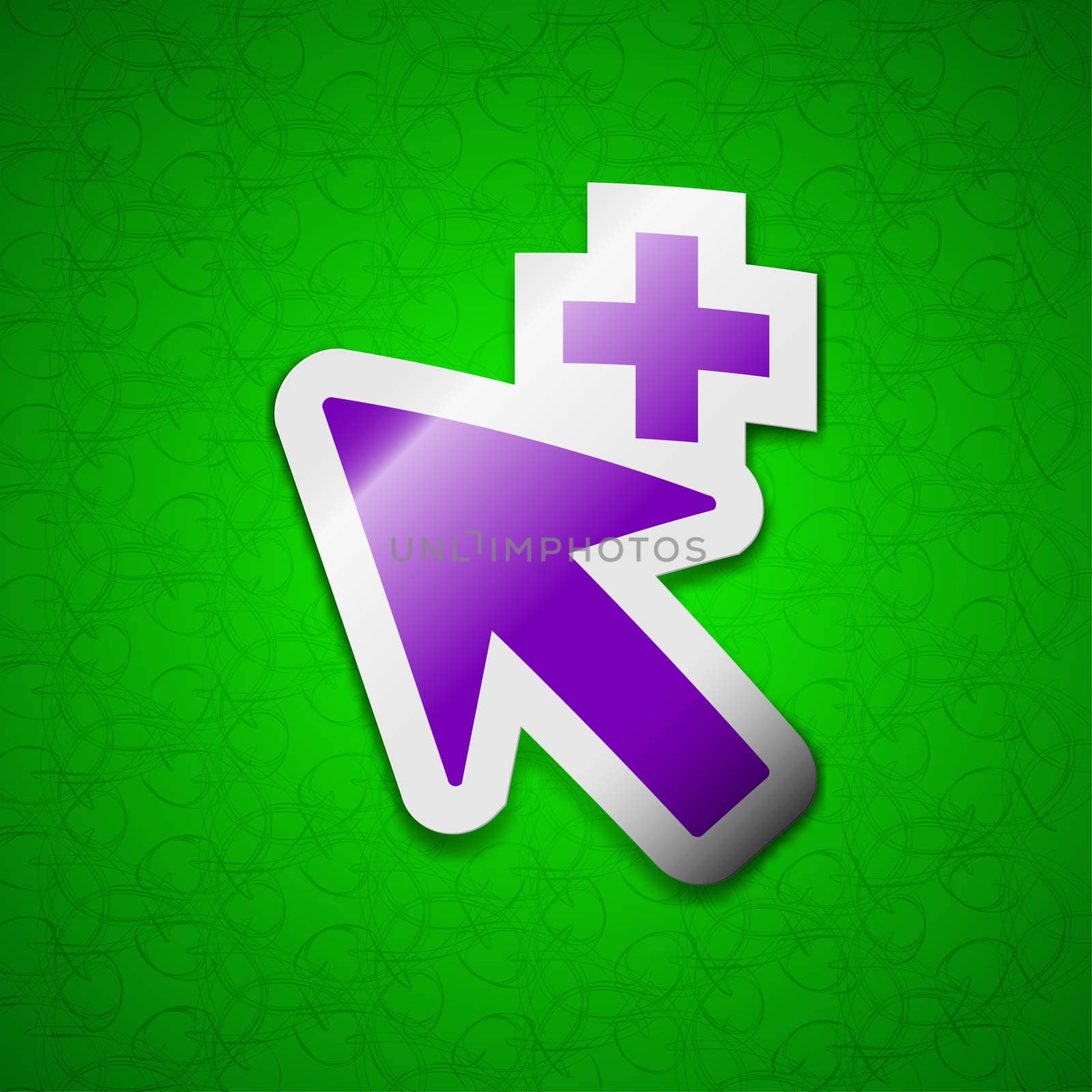 Cursor, arrow plus, add icon sign. Symbol chic colored sticky label on green background.  by serhii_lohvyniuk