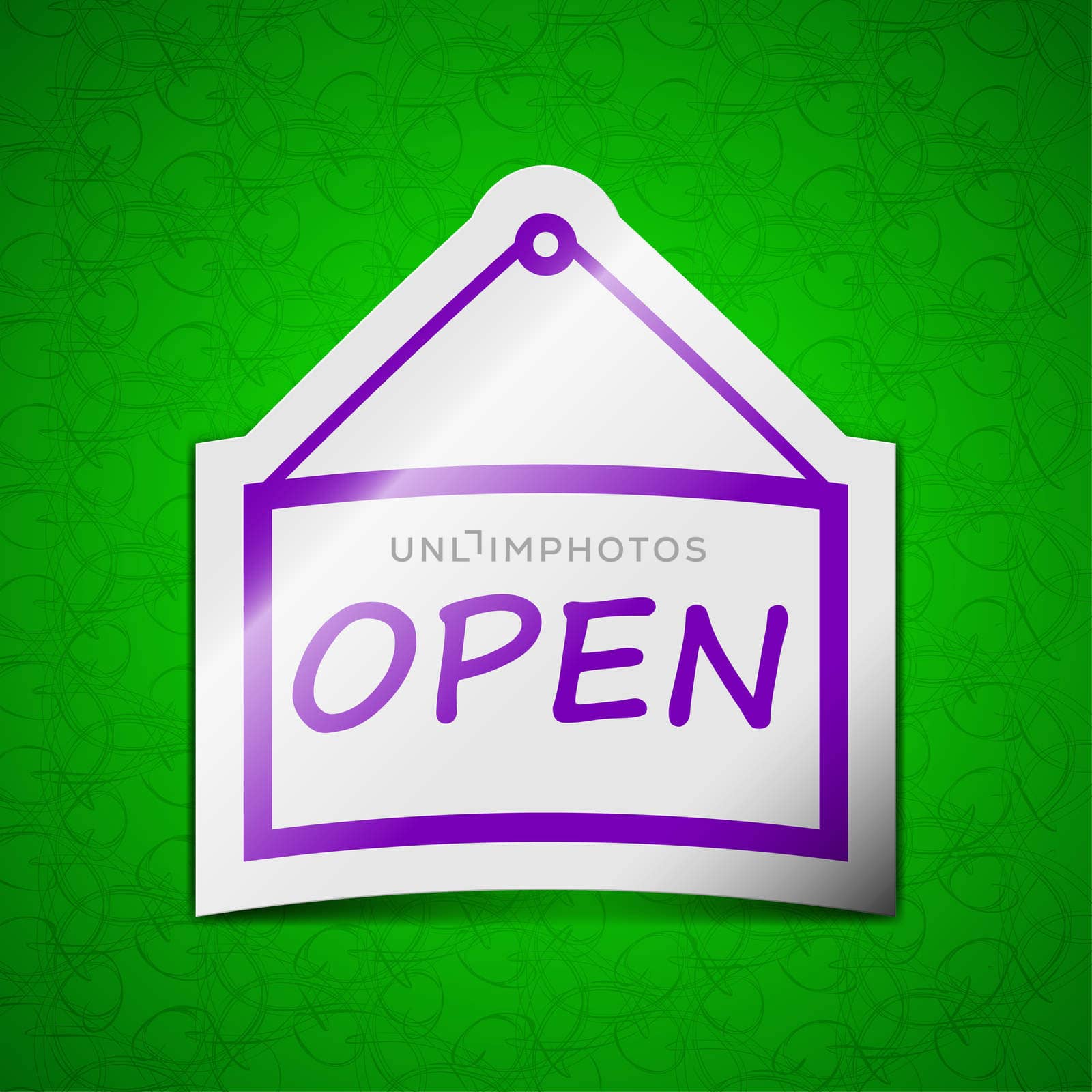 open icon sign. Symbol chic colored sticky label on green background. illustration
