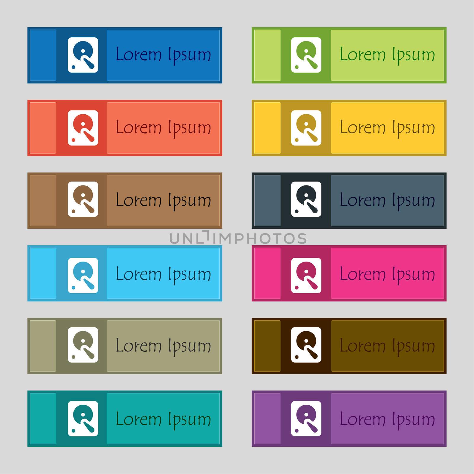 hard disk icon sign. Set of twelve rectangular, colorful, beautiful, high-quality buttons for the site. illustration