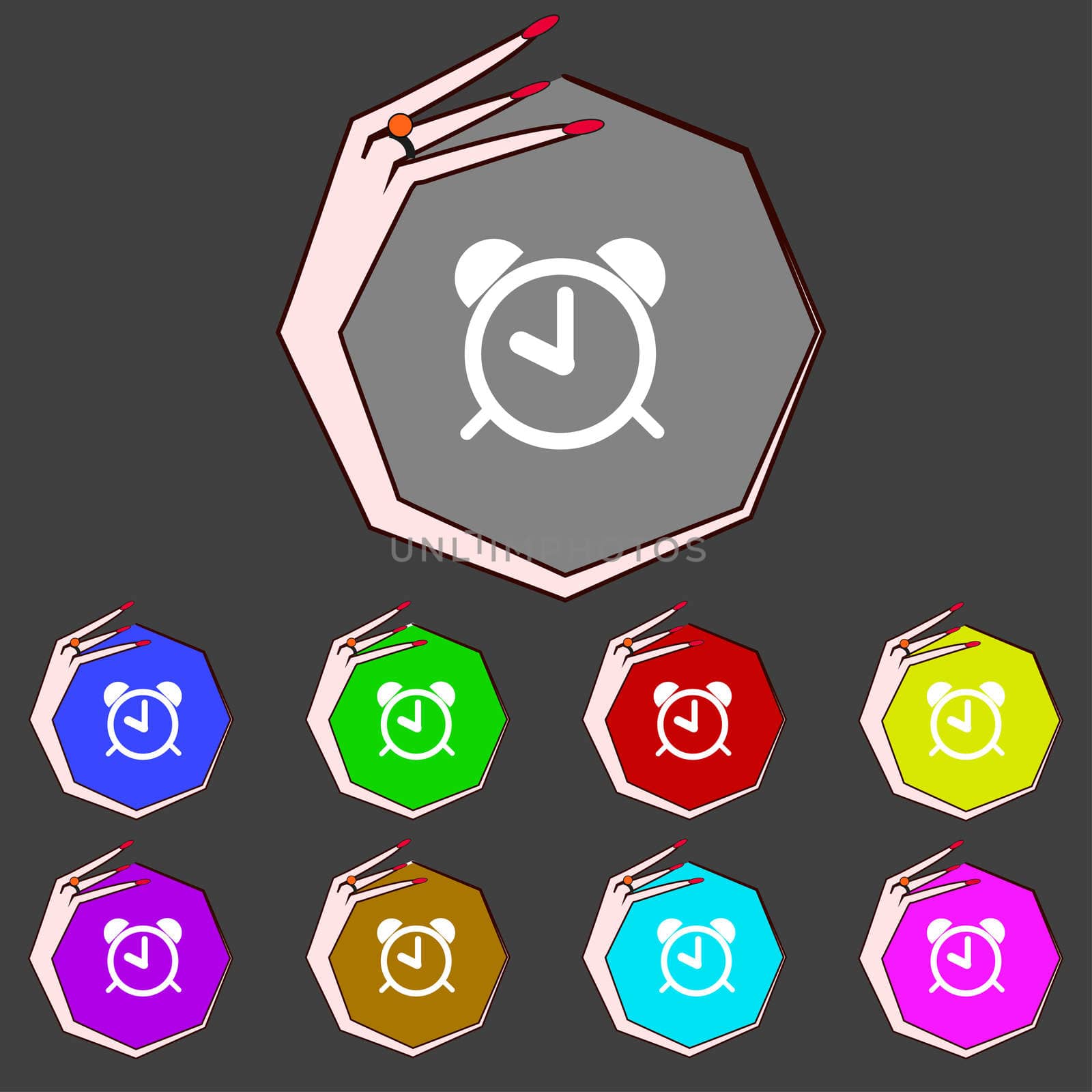 Alarm clock sign icon. Wake up alarm symbol. Set colourful buttons.  by serhii_lohvyniuk