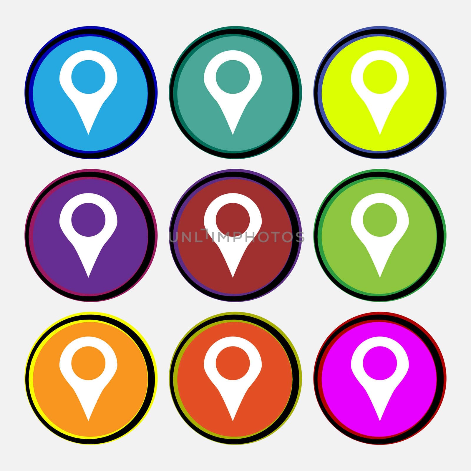 Map pointer, GPS location icon sign. Nine multi-colored round buttons.  by serhii_lohvyniuk