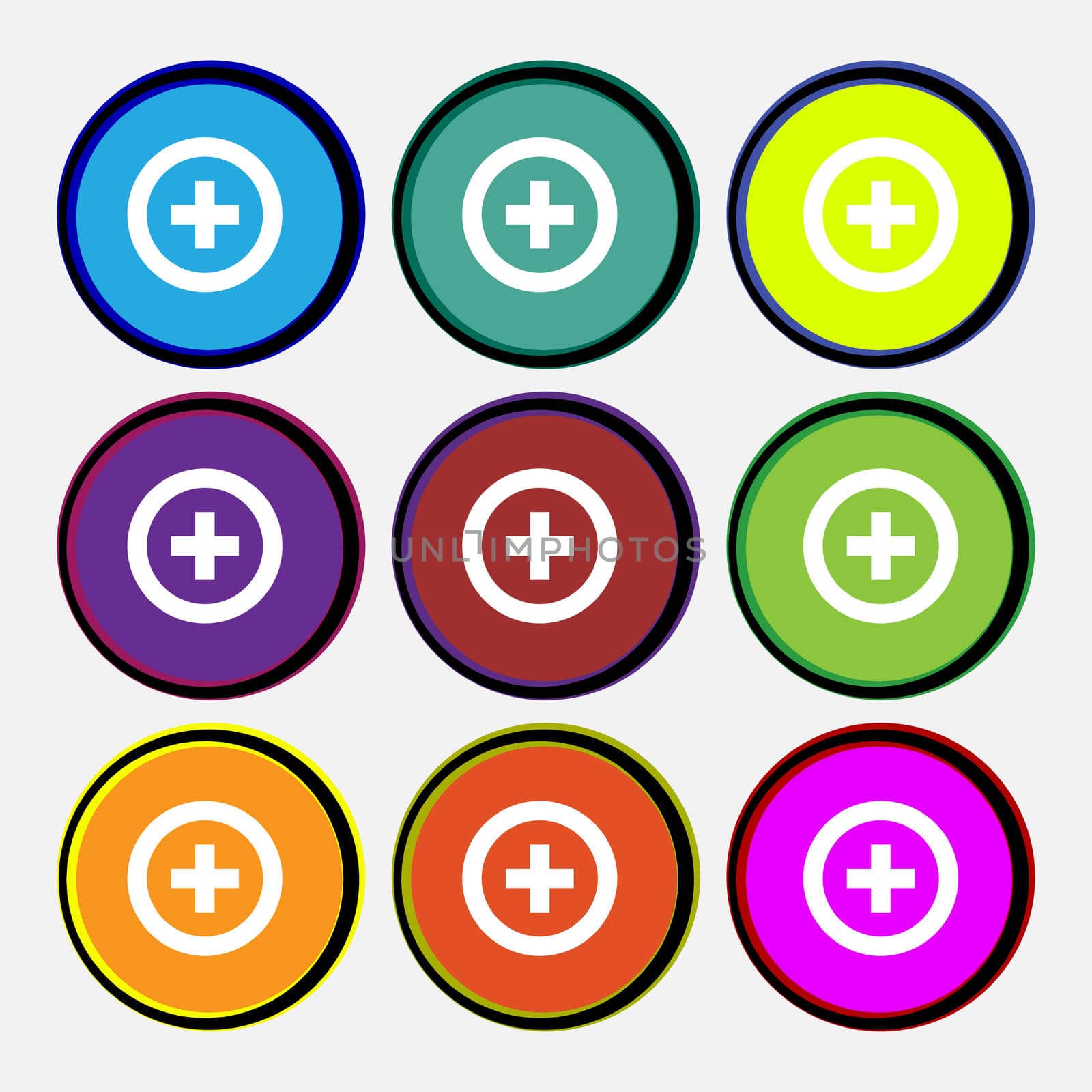 Plus, Positive icon sign. Nine multi-colored round buttons.  by serhii_lohvyniuk