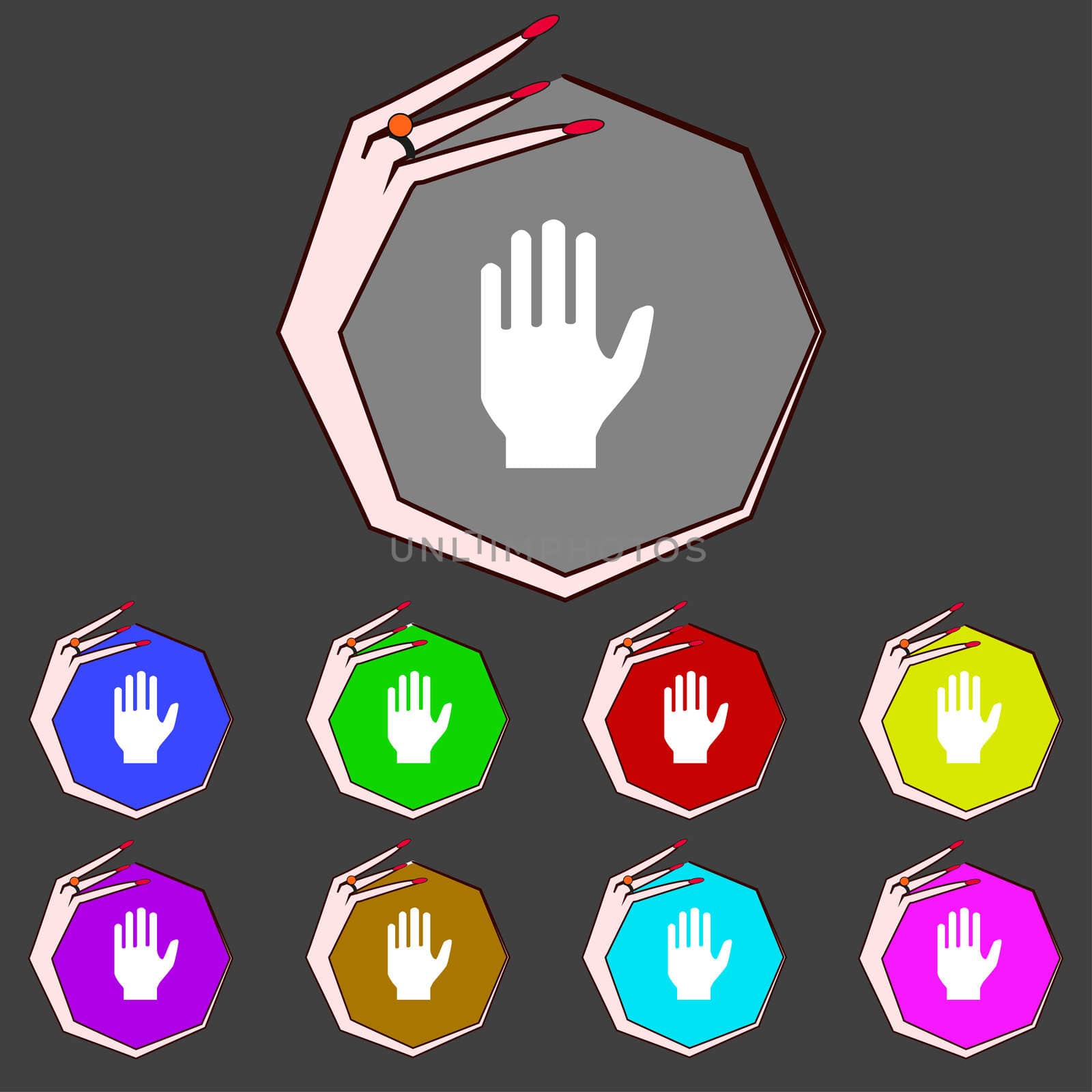 Hand print sign icon. Stop symbol. Set colourful buttons. illustration