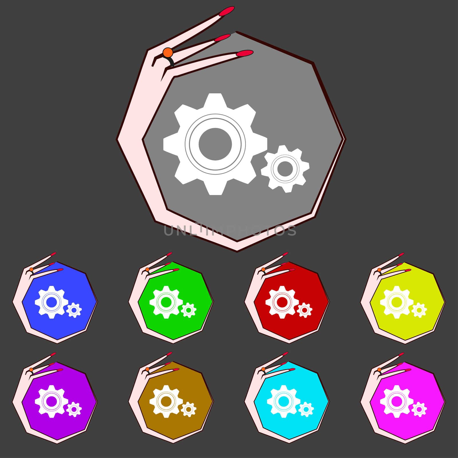 Cog settings sign icon. Cogwheel gear mechanism symbol. Set colourful buttons. illustration