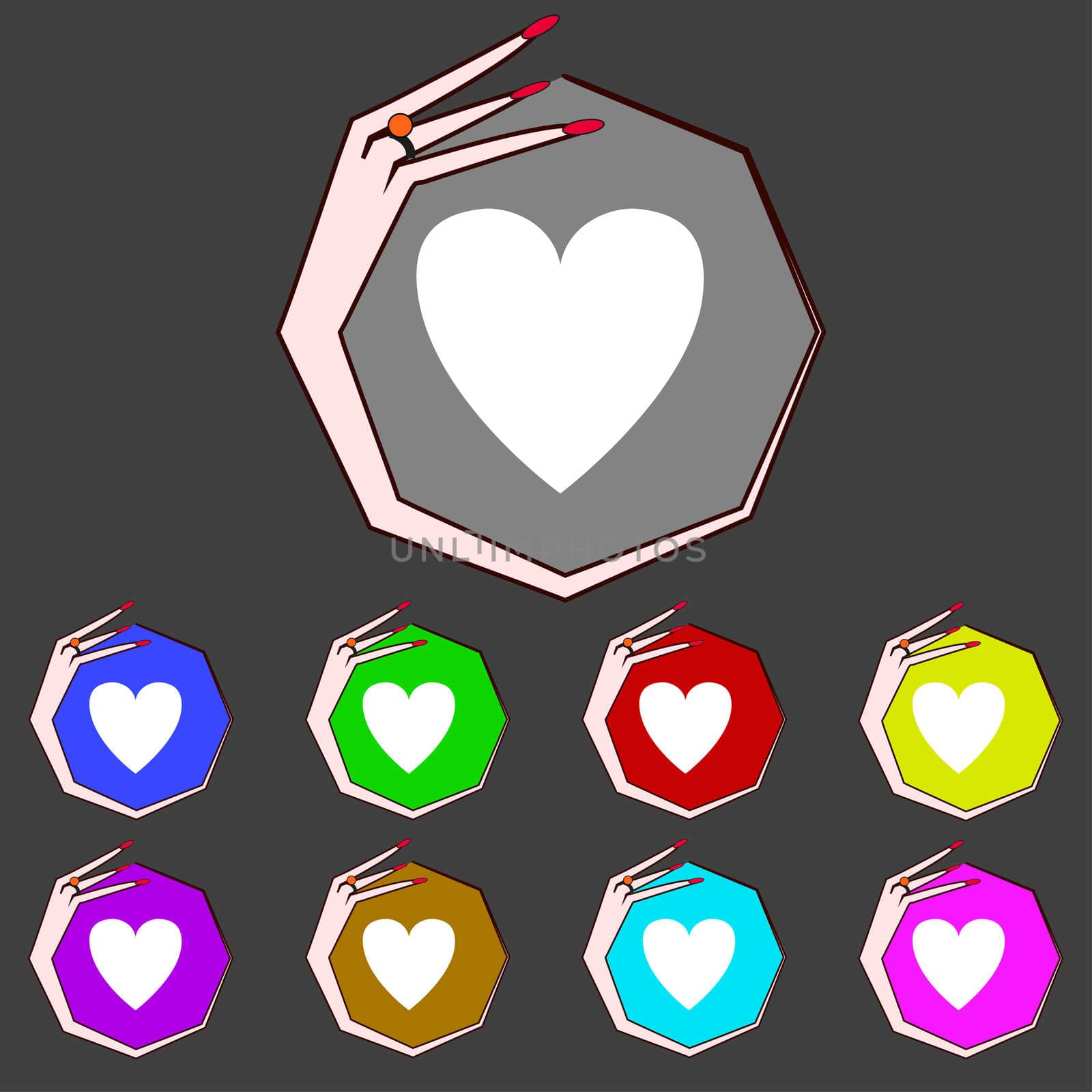 Heart sign icon. Love symbol. Set colur buttons. illustration