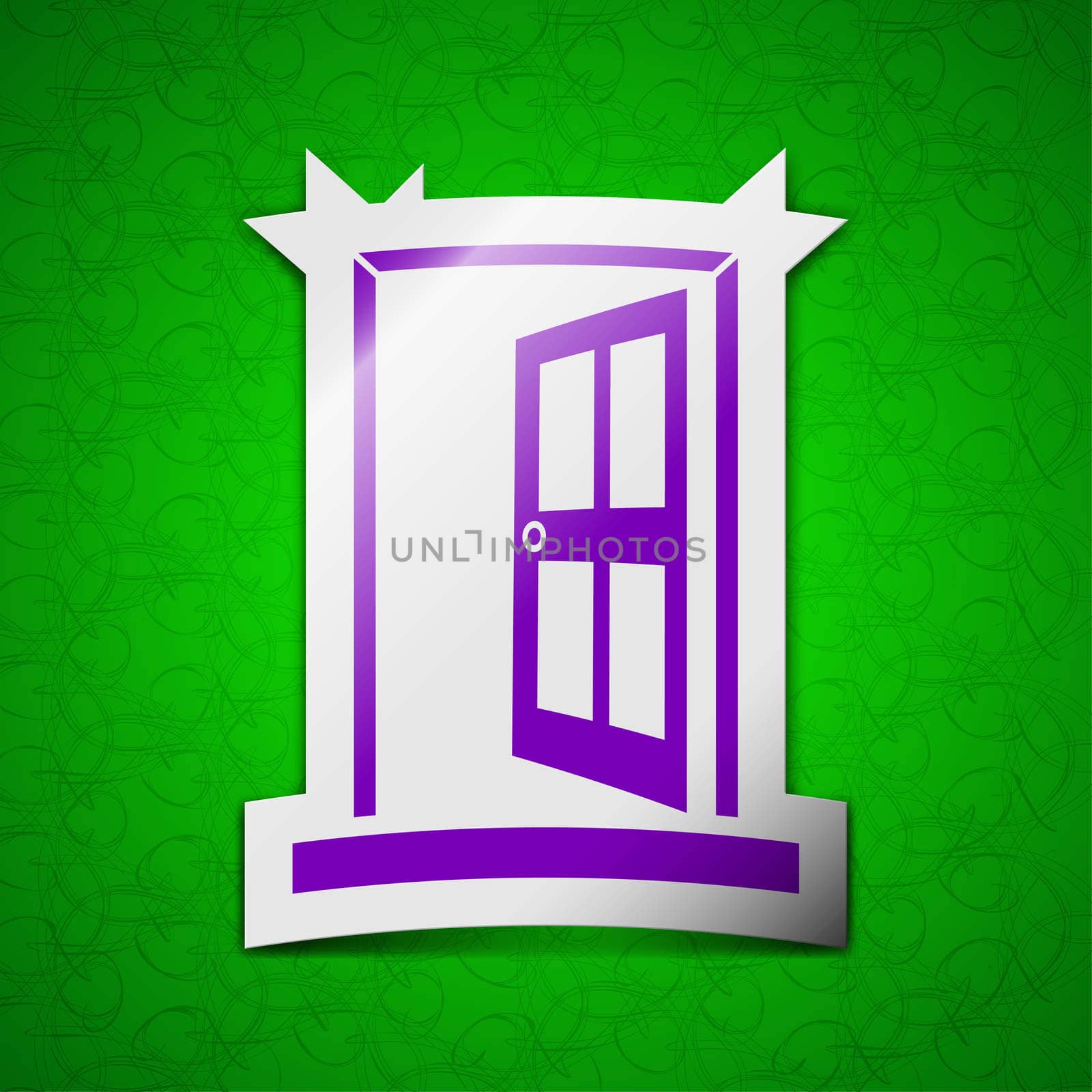 Door, Enter or exit icon sign. Symbol chic colored sticky label on green background. illustration