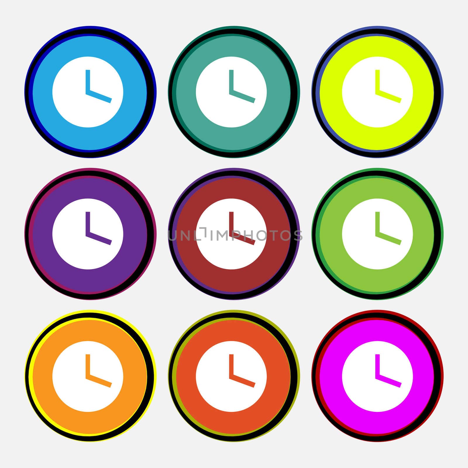 Mechanical Clock  icon sign. Nine multi-colored round buttons.  by serhii_lohvyniuk