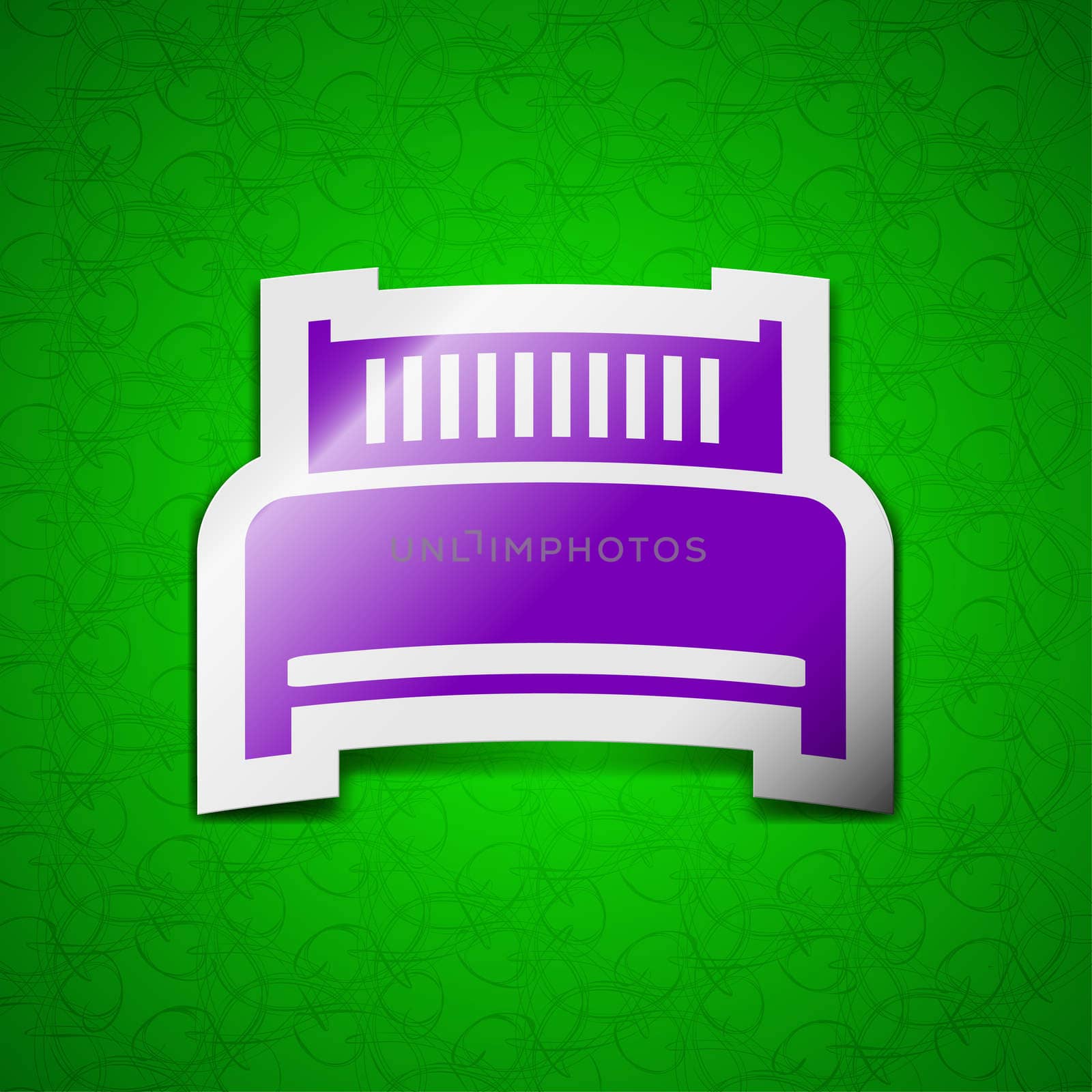 Hotel, bed icon sign. Symbol chic colored sticky label on green background. illustration
