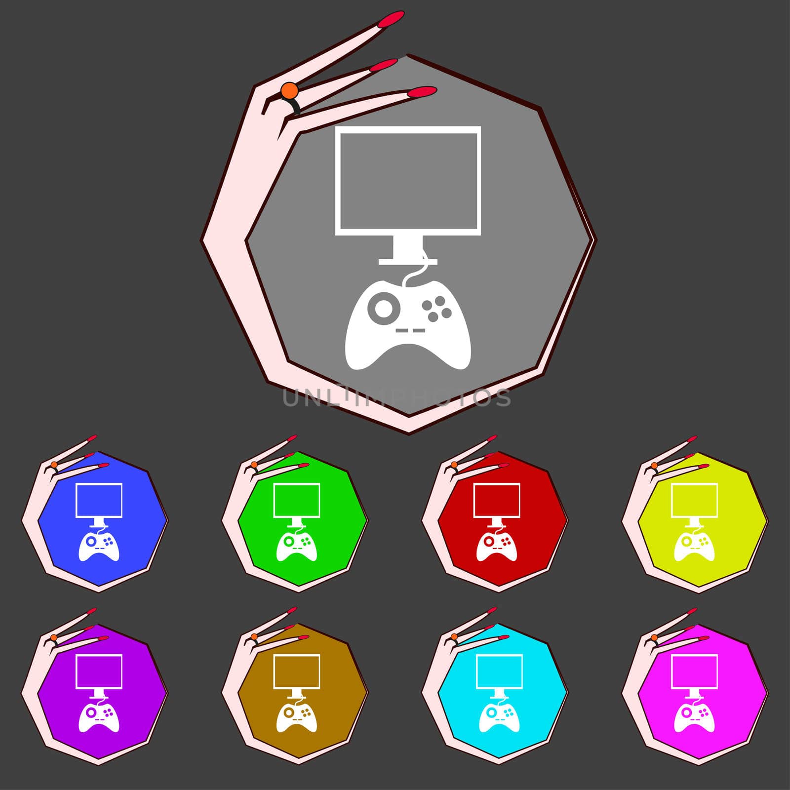 Joystick and monitor sign icon. Video game symbol. Set colourful buttons. illustration