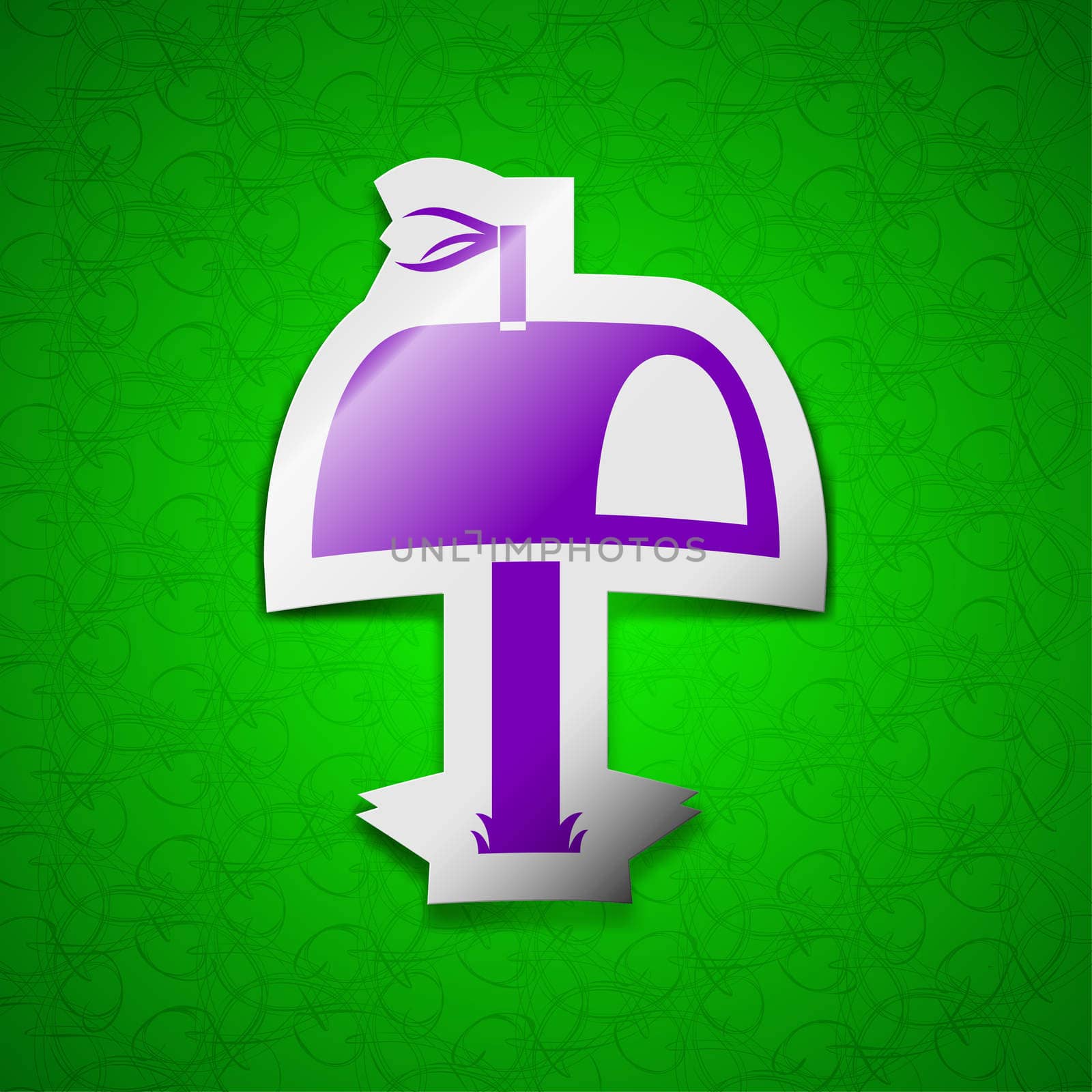 Mailbox icon sign. Symbol chic colored sticky label on green background.  by serhii_lohvyniuk