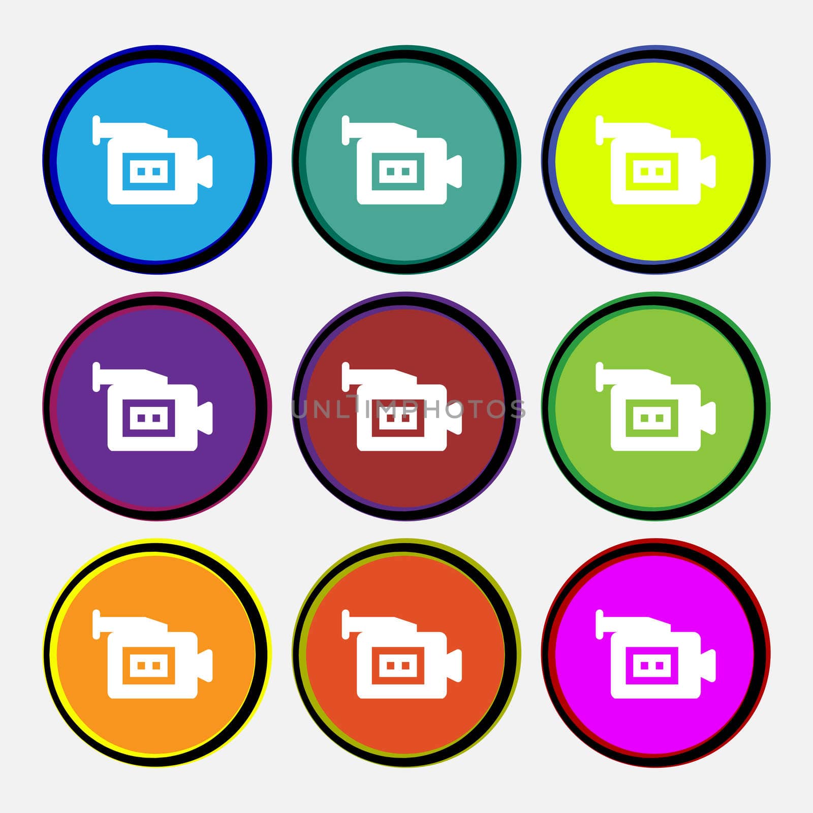 video camera icon sign. Nine multi-colored round buttons. illustration