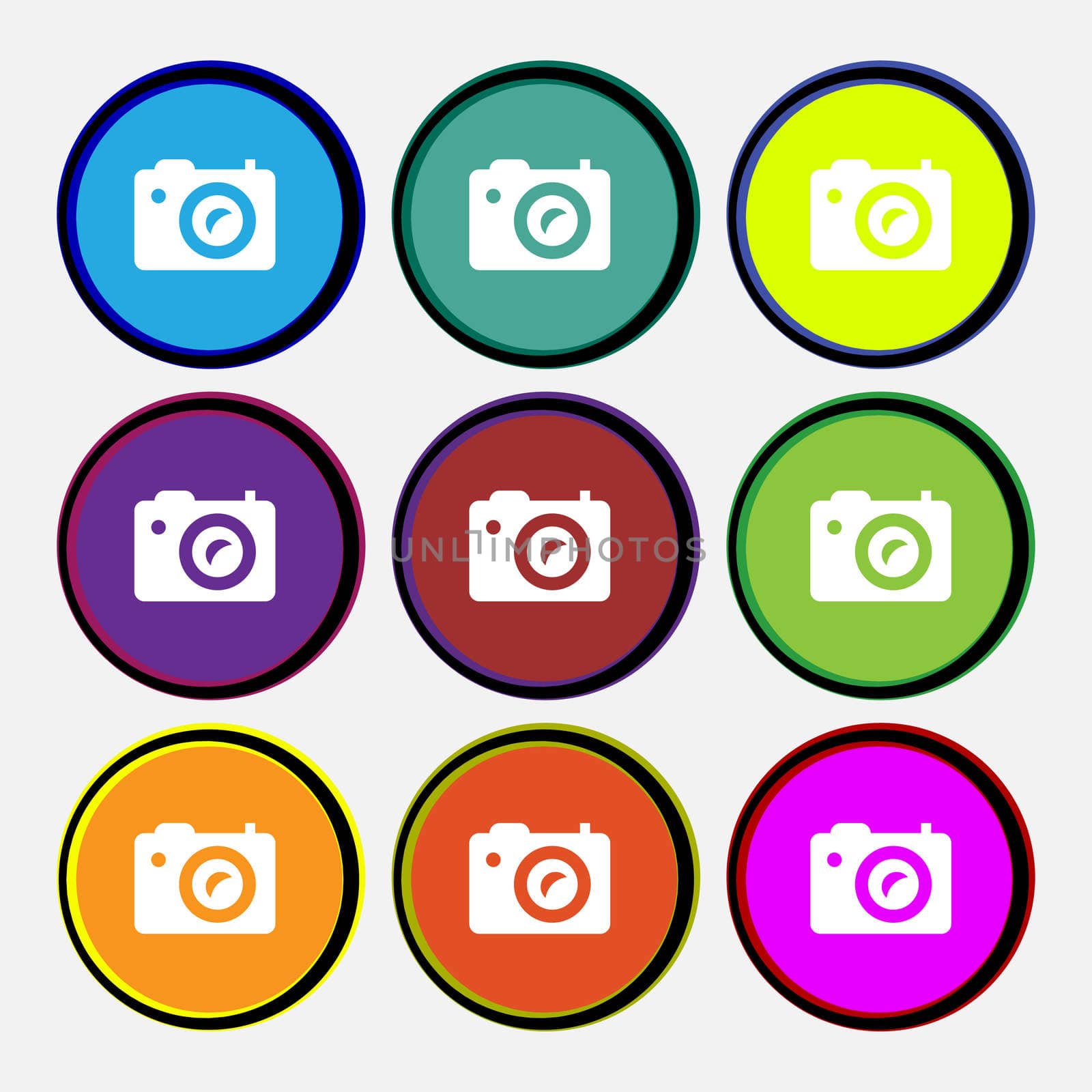 Digital photo camera icon sign. Nine multi-colored round buttons.  by serhii_lohvyniuk