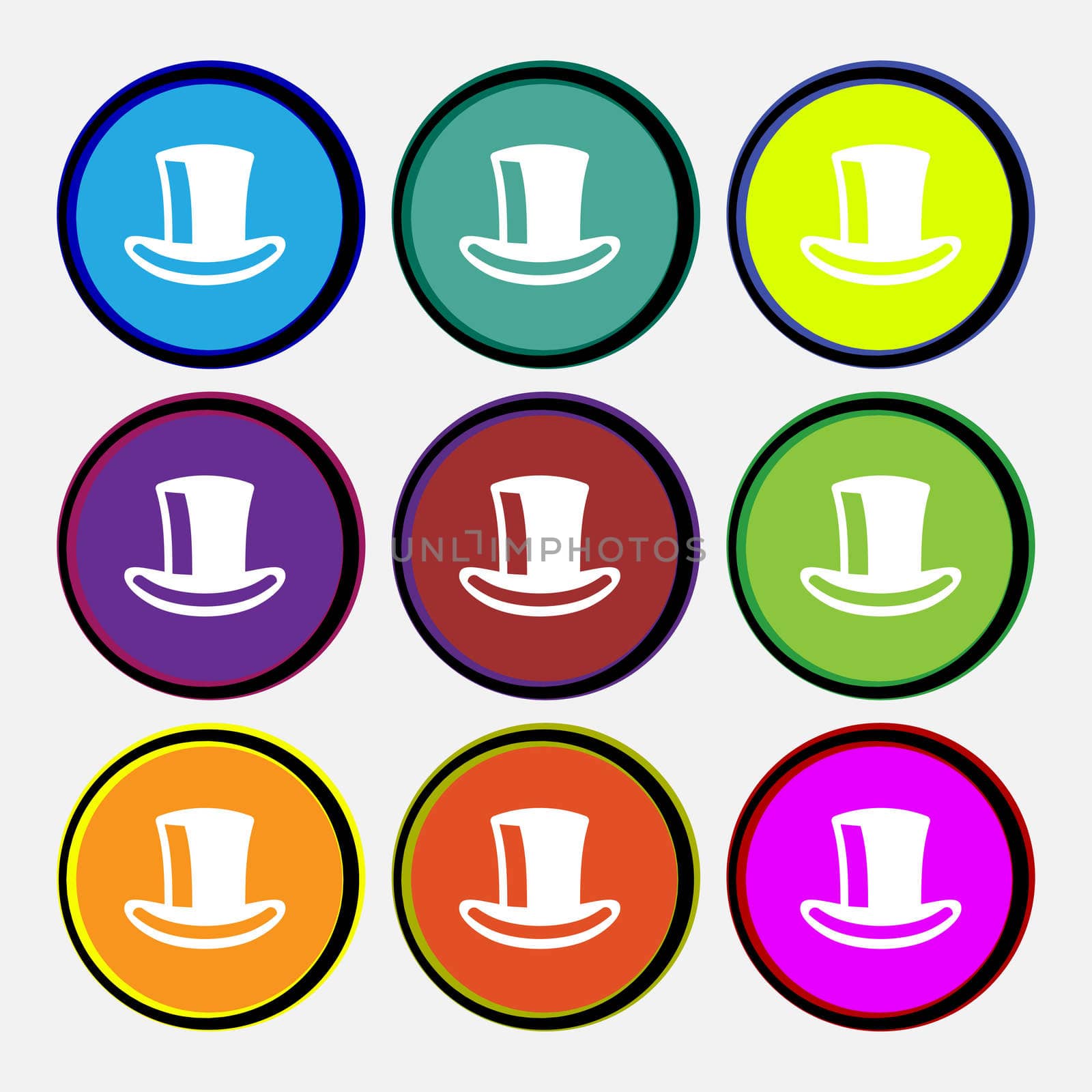 cylinder hat icon sign. Nine multi-colored round buttons.  by serhii_lohvyniuk