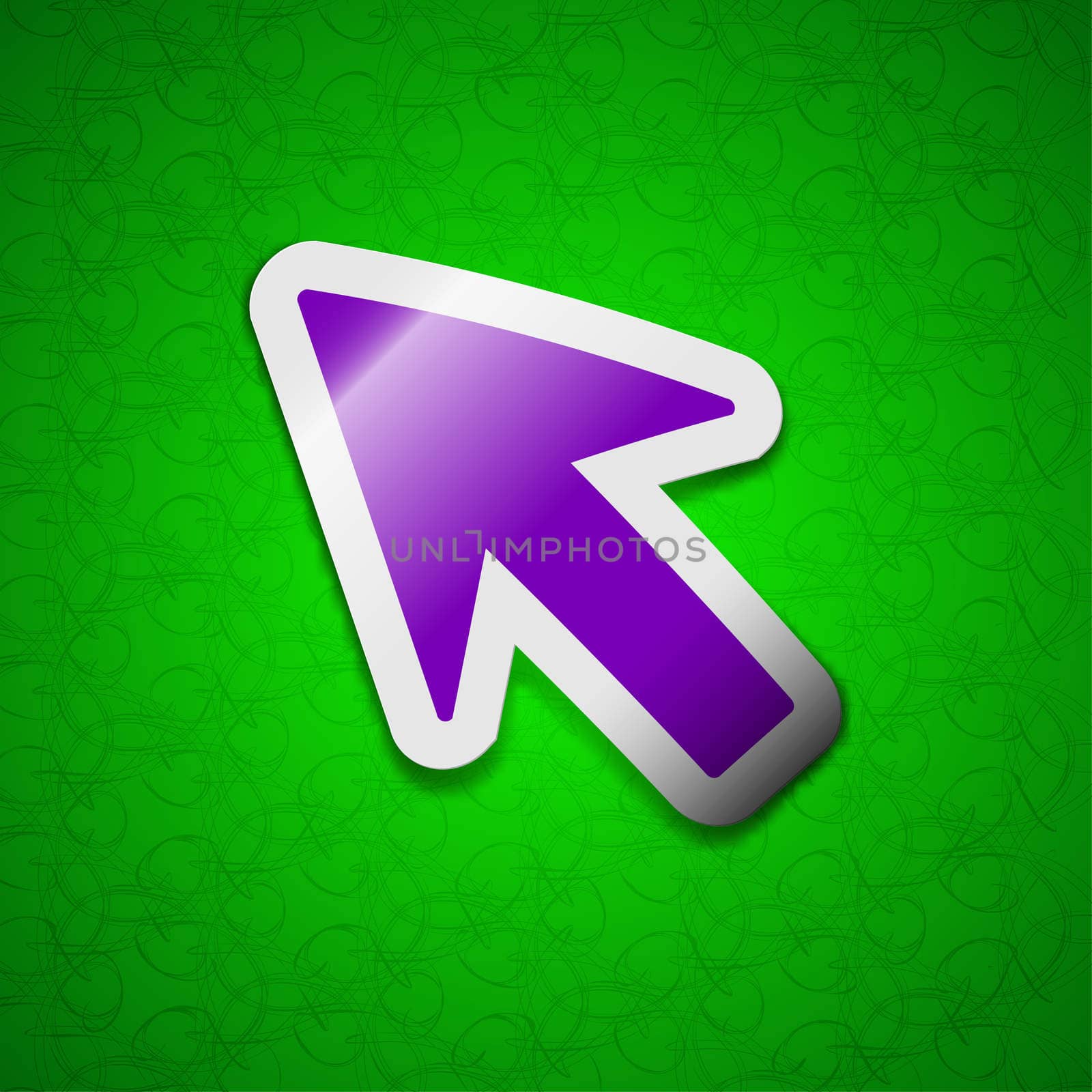 Cursor, arrow icon sign. Symbol chic colored sticky label on green background. illustration