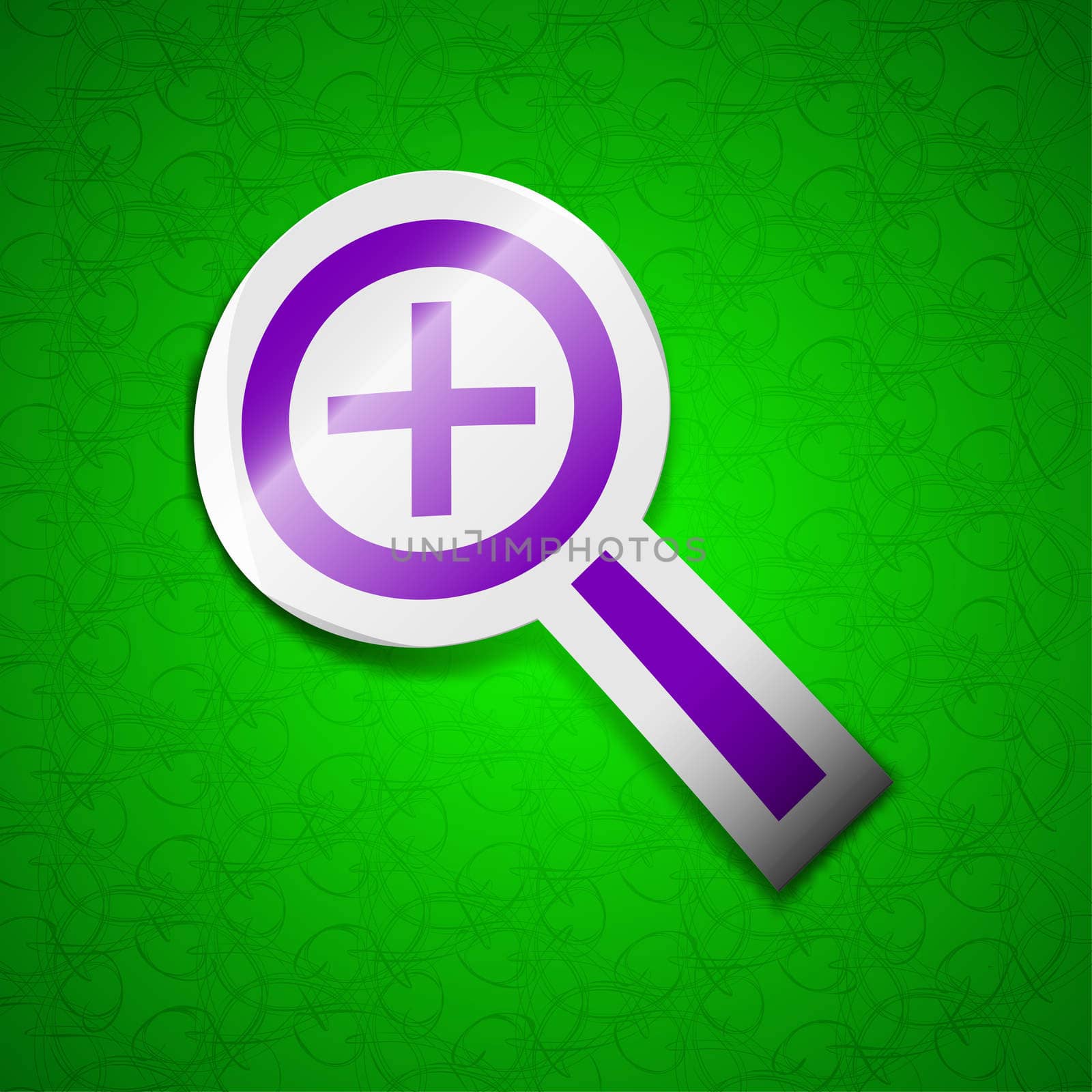 Magnifier glass, Zoom tool icon sign. Symbol chic colored sticky label on green background.  by serhii_lohvyniuk