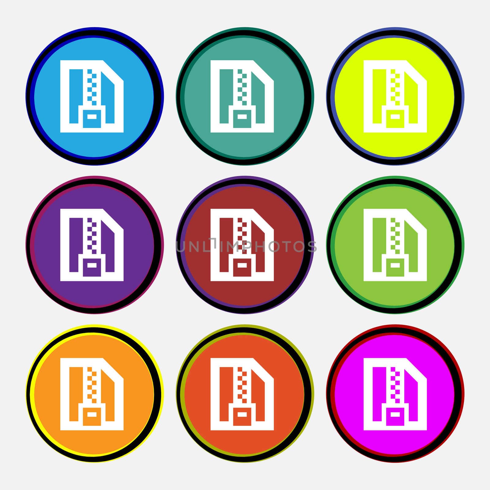 Archive file, Download compressed, ZIP zipped icon sign. Nine multi-colored round buttons. illustration