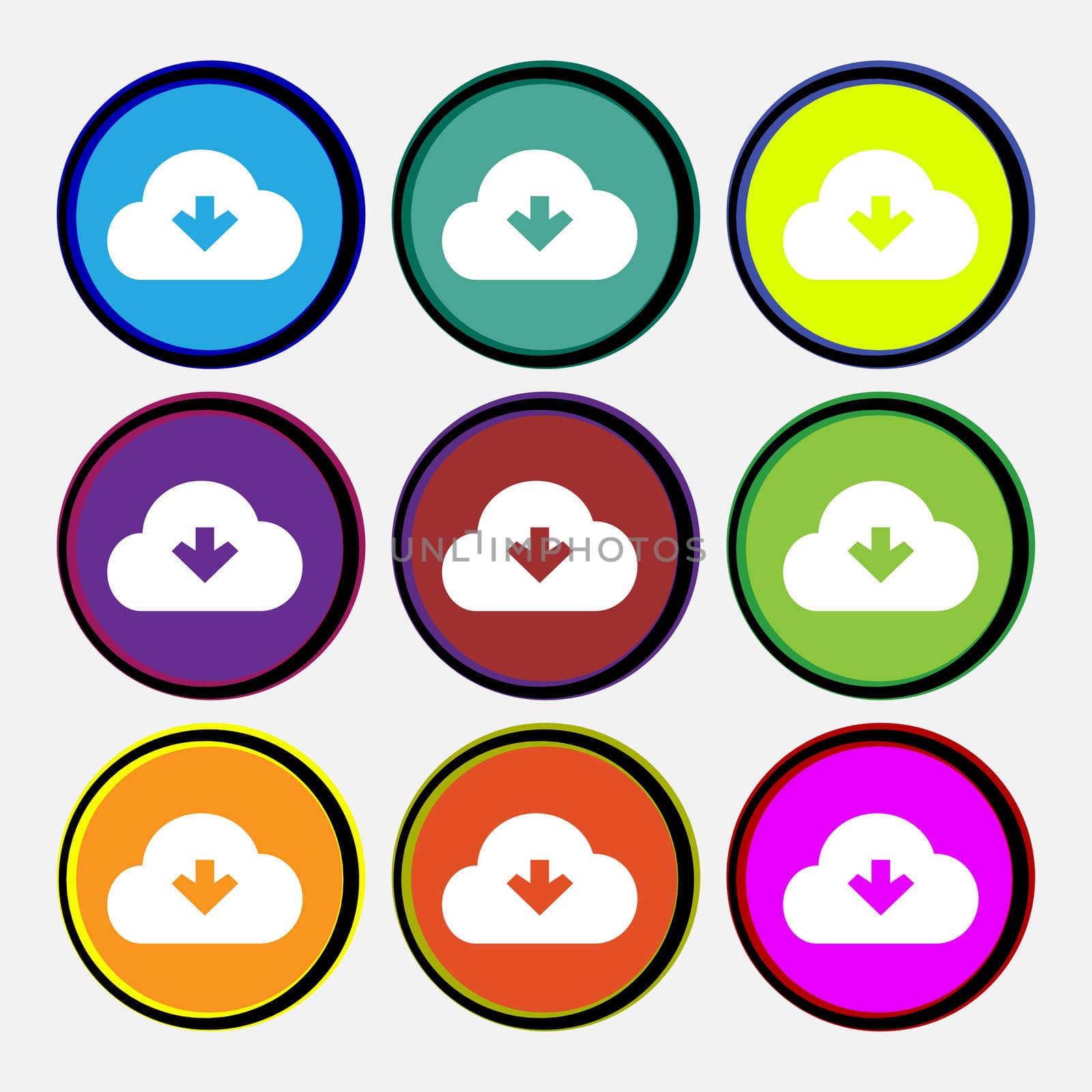 Download from cloud icon sign. Nine multi-colored round buttons. illustration