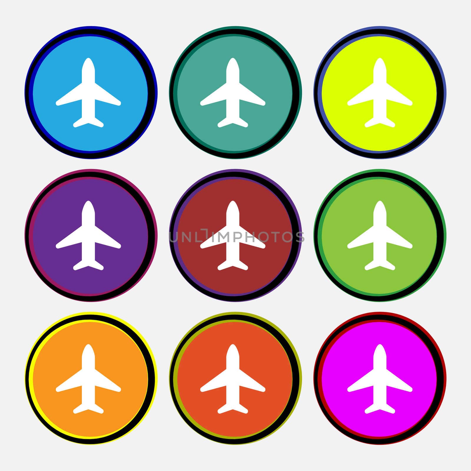 Airplane, Plane, Travel, Flight icon sign. Nine multi-colored round buttons. illustration
