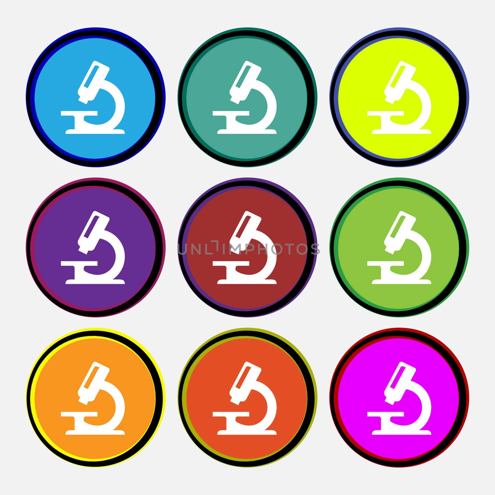 microscope icon sign. Nine multi-colored round buttons.  by serhii_lohvyniuk