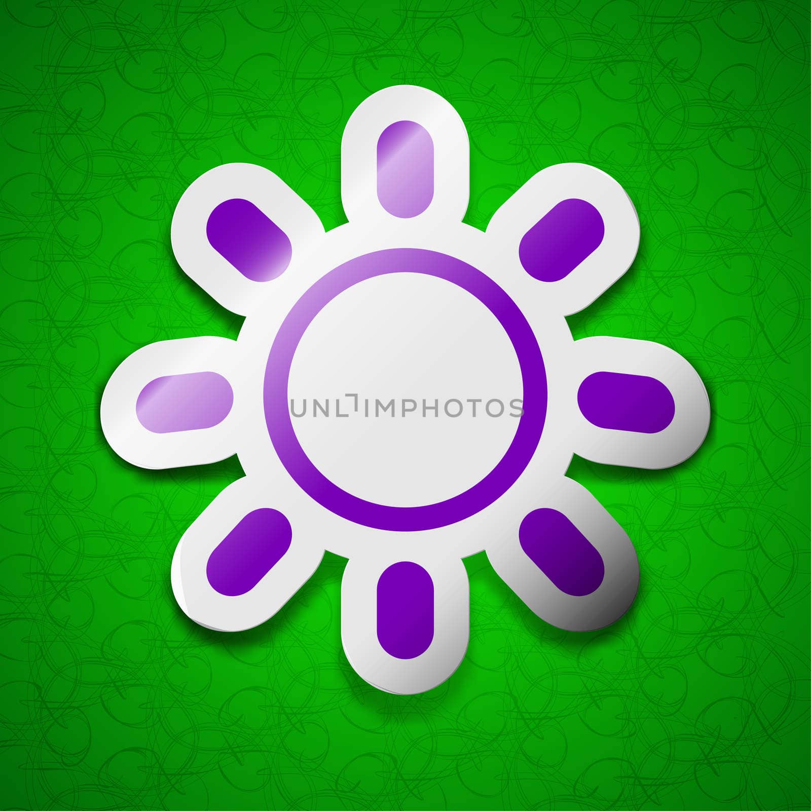 Brightness icon sign. Symbol chic colored sticky label on green background. illustration