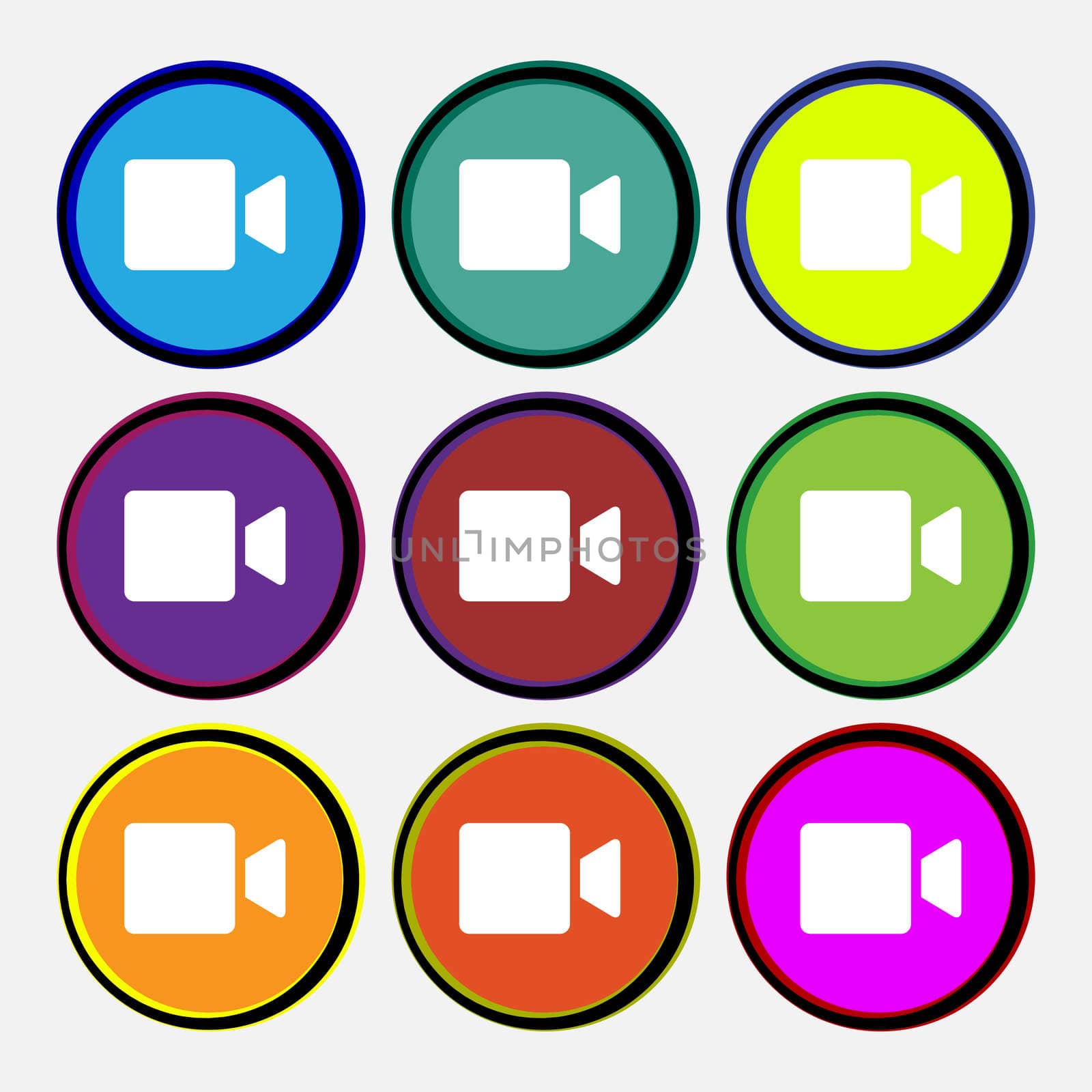 Video camera icon sign. Nine multi-colored round buttons. illustration