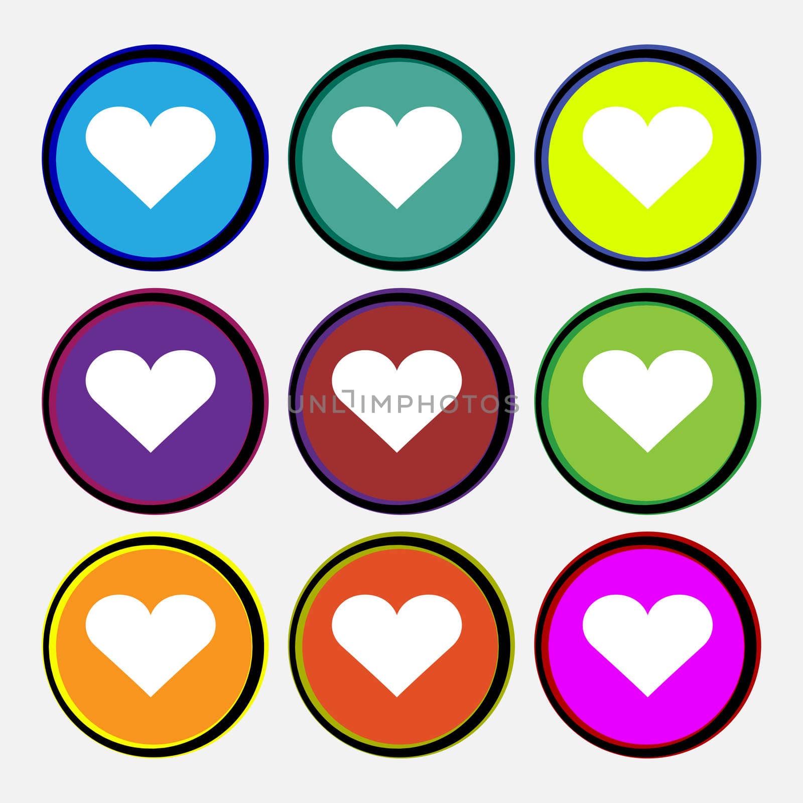 Heart, Love icon sign. Nine multi-colored round buttons.  by serhii_lohvyniuk