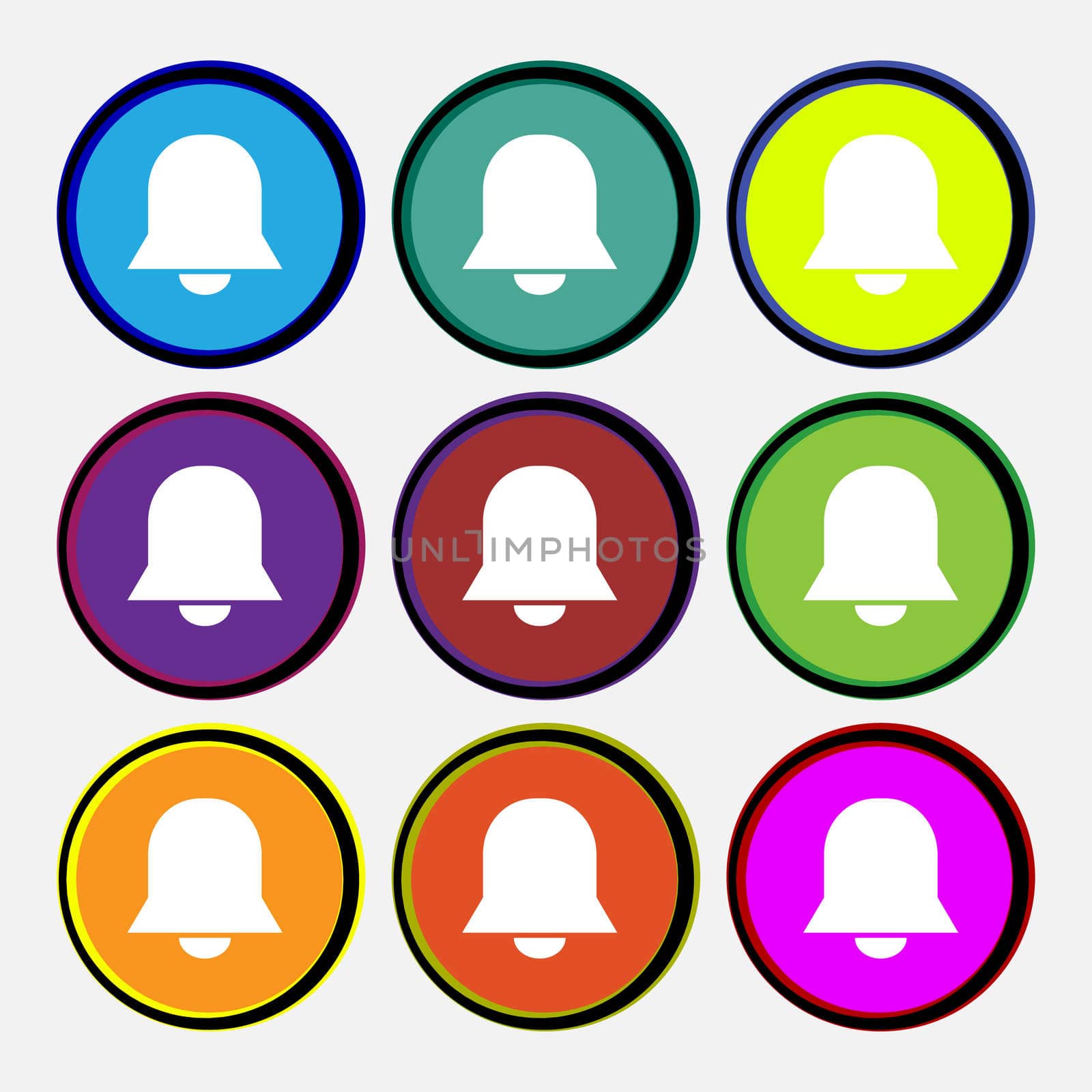 Alarm bell icon sign. Nine multi-colored round buttons.  by serhii_lohvyniuk