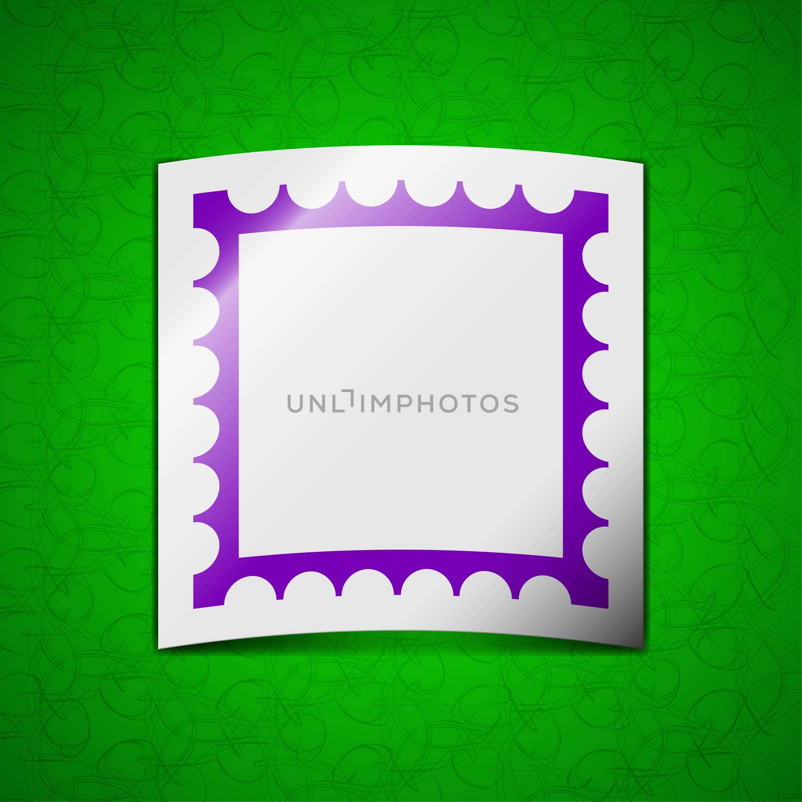 Photo frame template icon sign. Symbol chic colored sticky label on green background. illustration