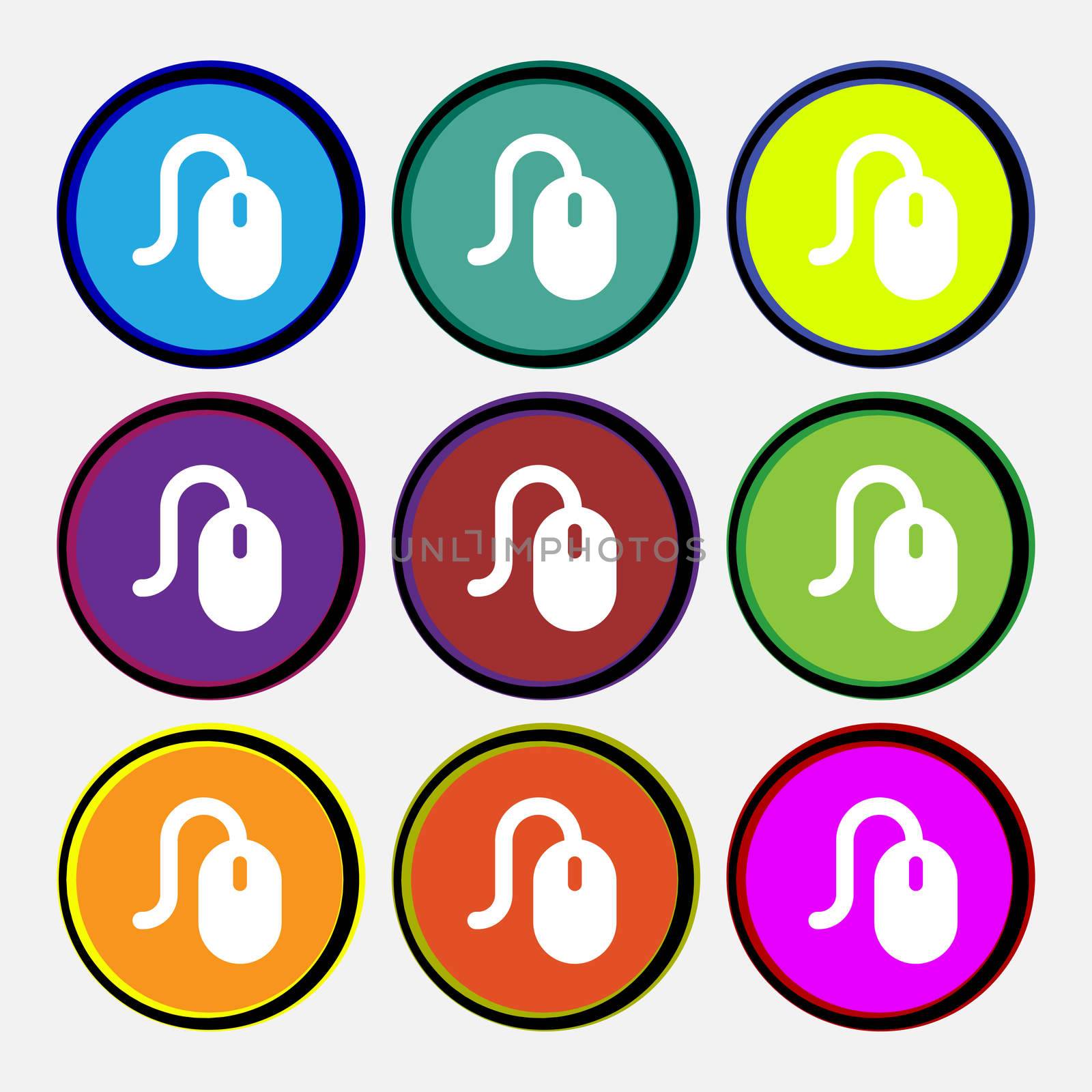 Computer mouse icon sign. Nine multi-colored round buttons. illustration