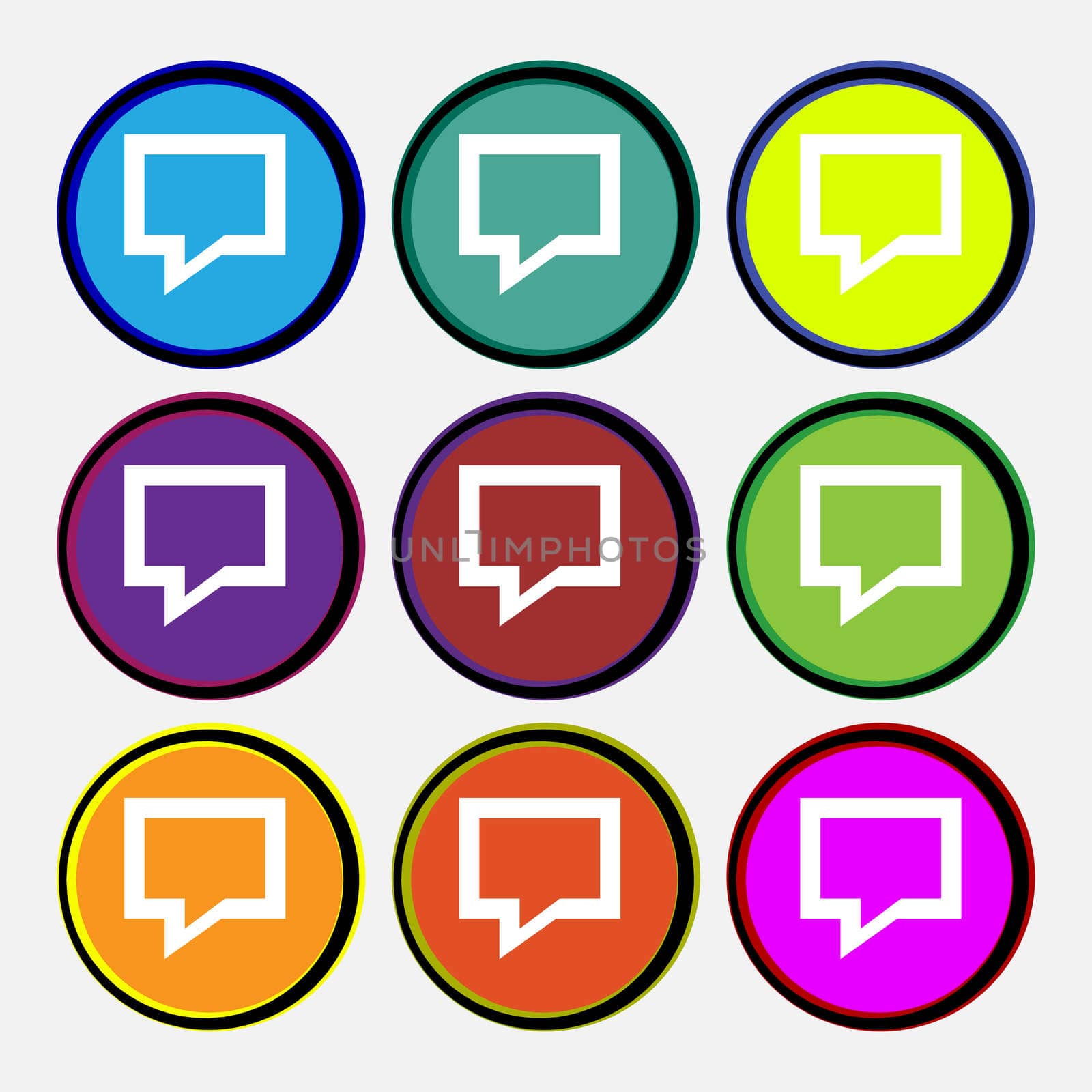 Speech bubble, Think cloud icon sign. Nine multi-colored round buttons. illustration
