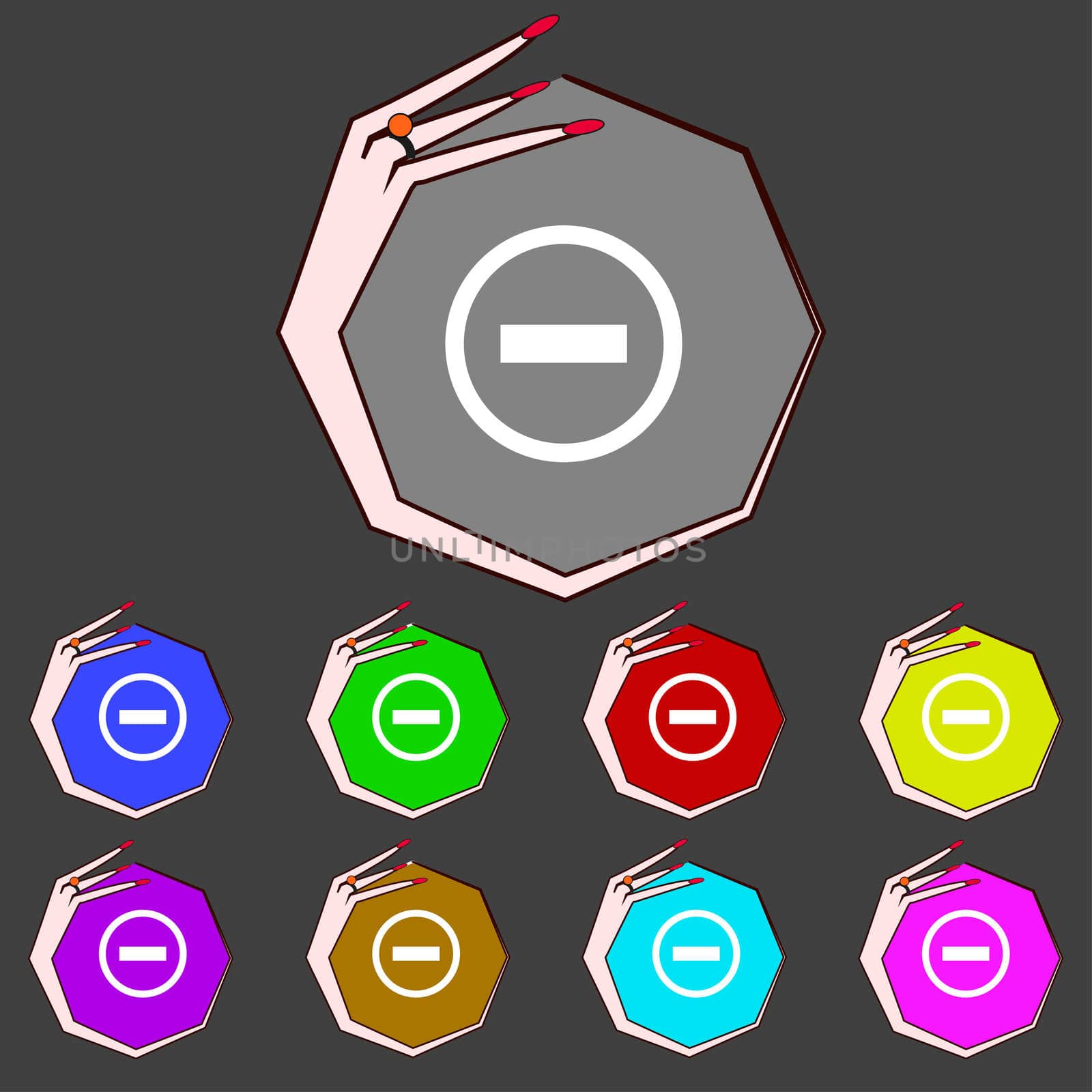 Minus sign icon. Negative symbol. Zoom out. Set colourful buttons illustration