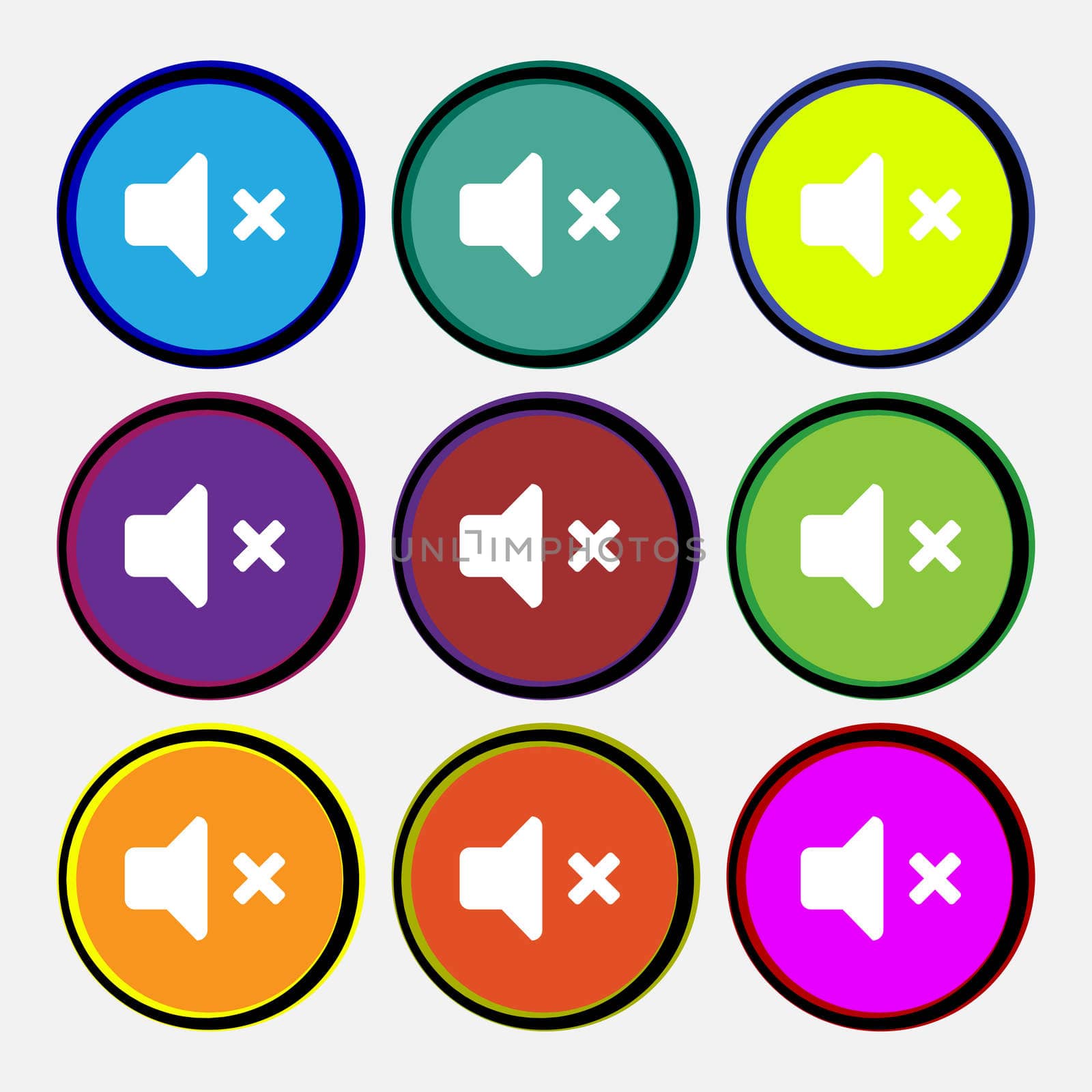 Mute speaker , Sound icon sign. Nine multi-colored round buttons.  by serhii_lohvyniuk