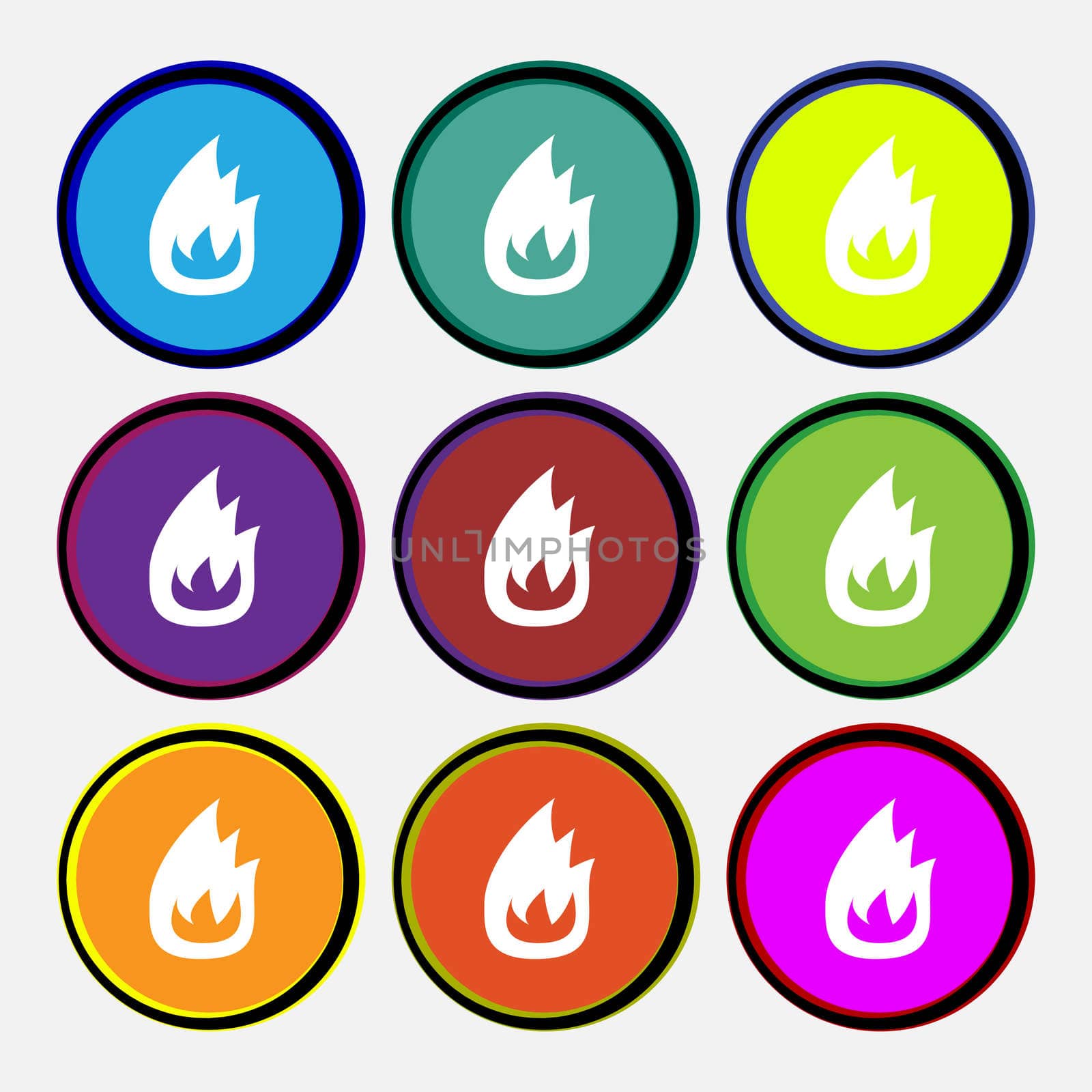 Fire flame icon sign. Nine multi-colored round buttons. illustration