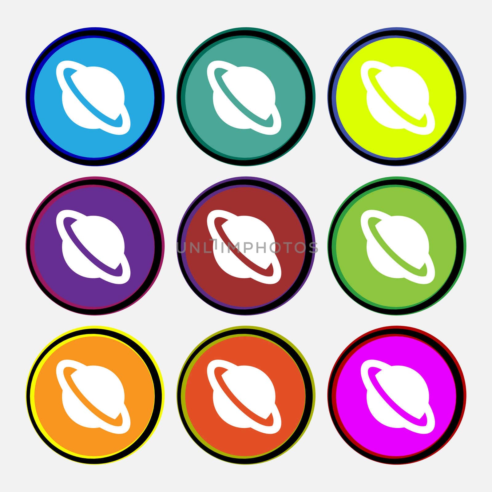 Jupiter planet icon sign. Nine multi-colored round buttons. illustration