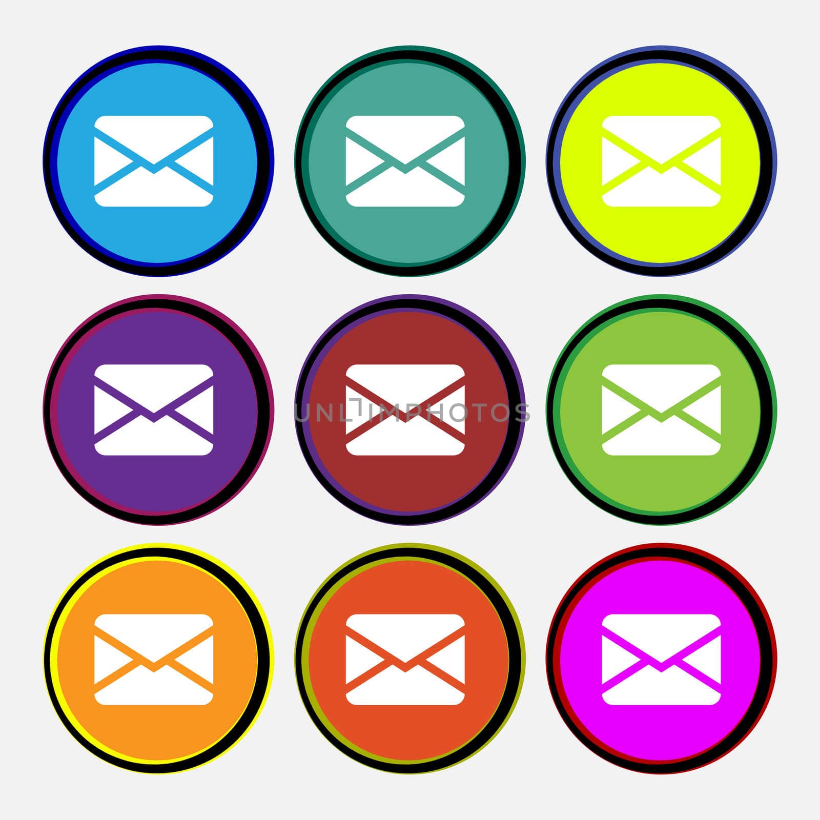 Mail, Envelope, Message icon sign. Nine multi-colored round buttons.  by serhii_lohvyniuk