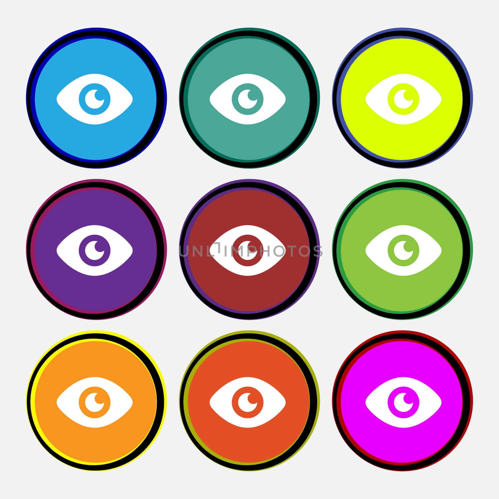 Eye, Publish content icon sign. Nine multi-colored round buttons. illustration