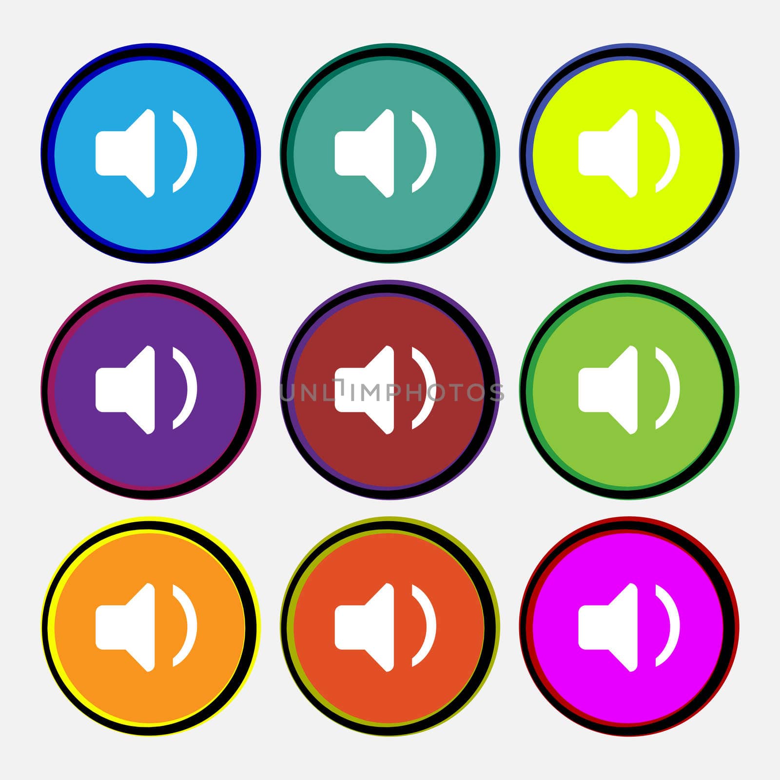 Speaker volume, Sound icon sign. Nine multi-colored round buttons.  by serhii_lohvyniuk