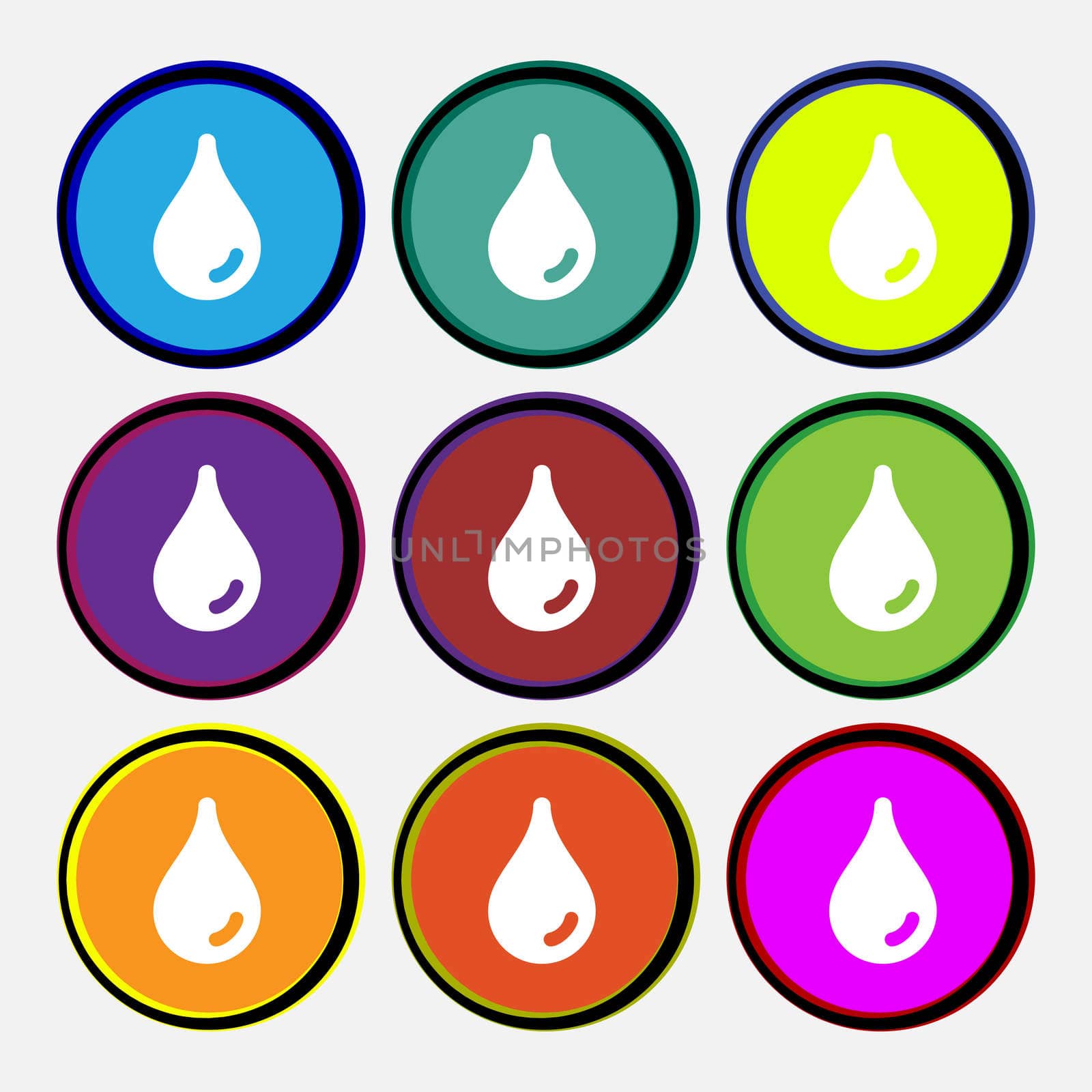 Water drop icon sign. Nine multi-colored round buttons. illustration