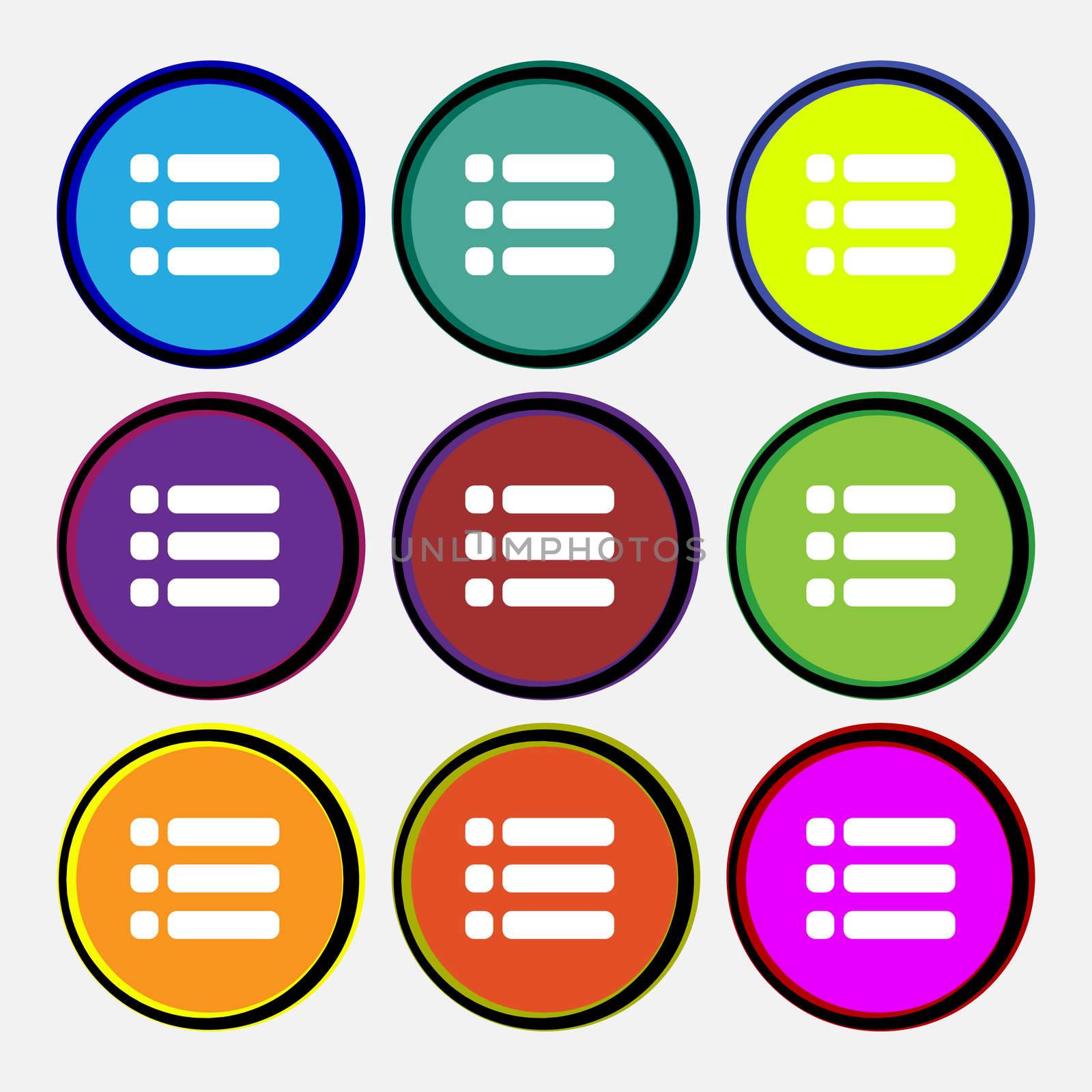 List menu, Content view options icon sign. Nine multi-colored round buttons. illustration