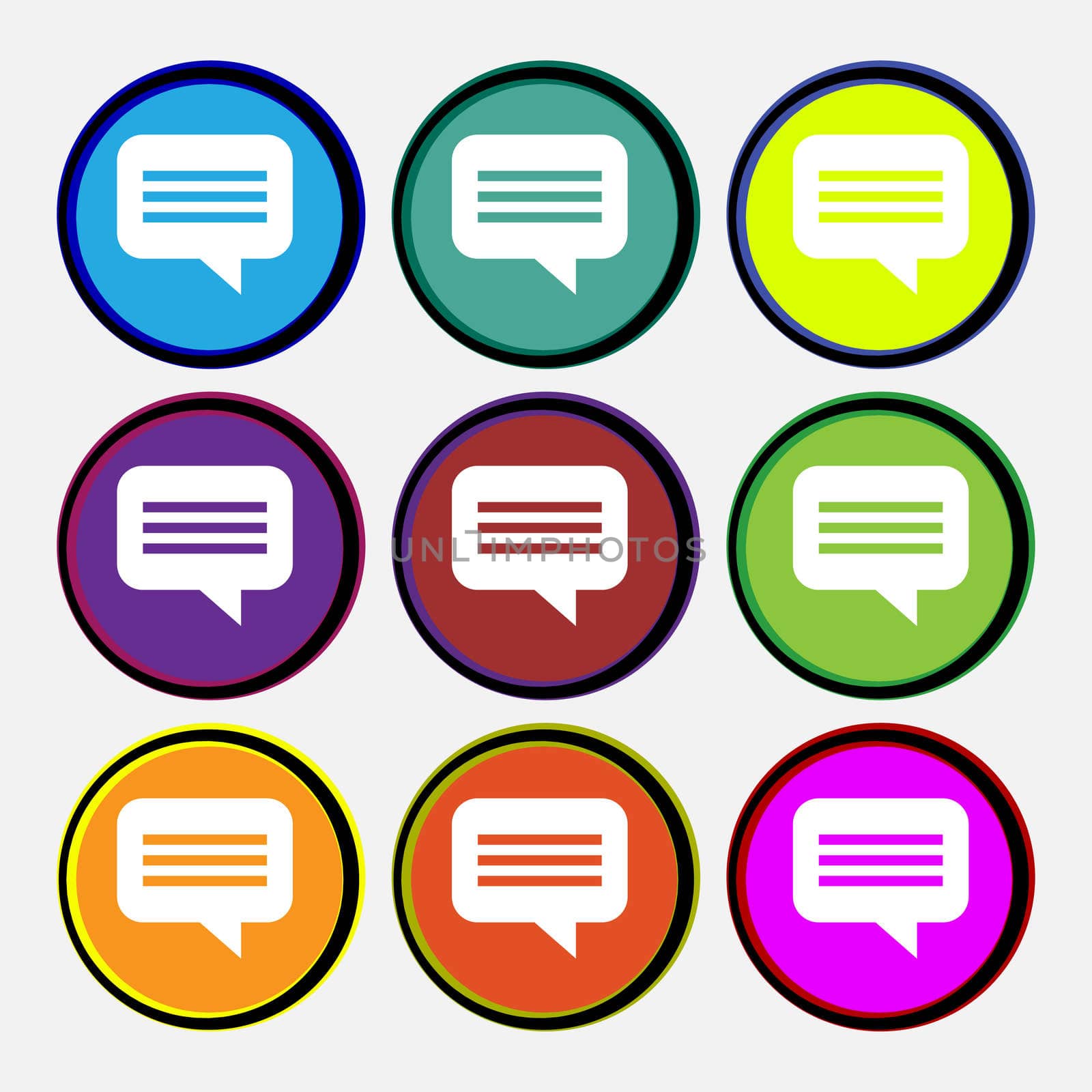 speech bubble, Chat think icon sign. Nine multi-colored round buttons. illustration