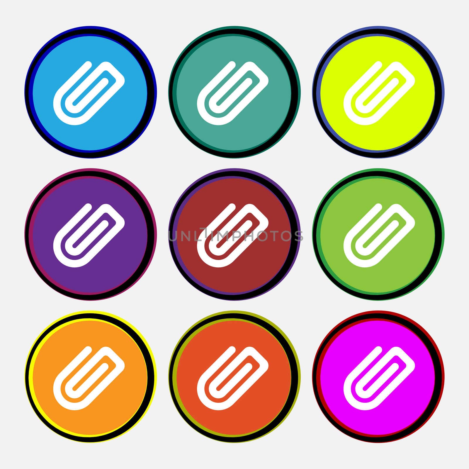 Paper Clip icon sign. Nine multi-colored round buttons. illustration