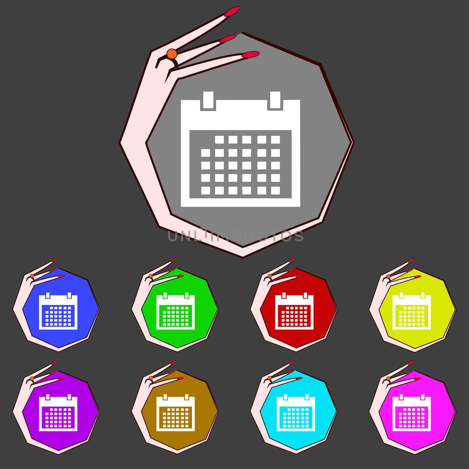 Calendar sign icon. days month symbol. Date button Set colur buttons. illustration