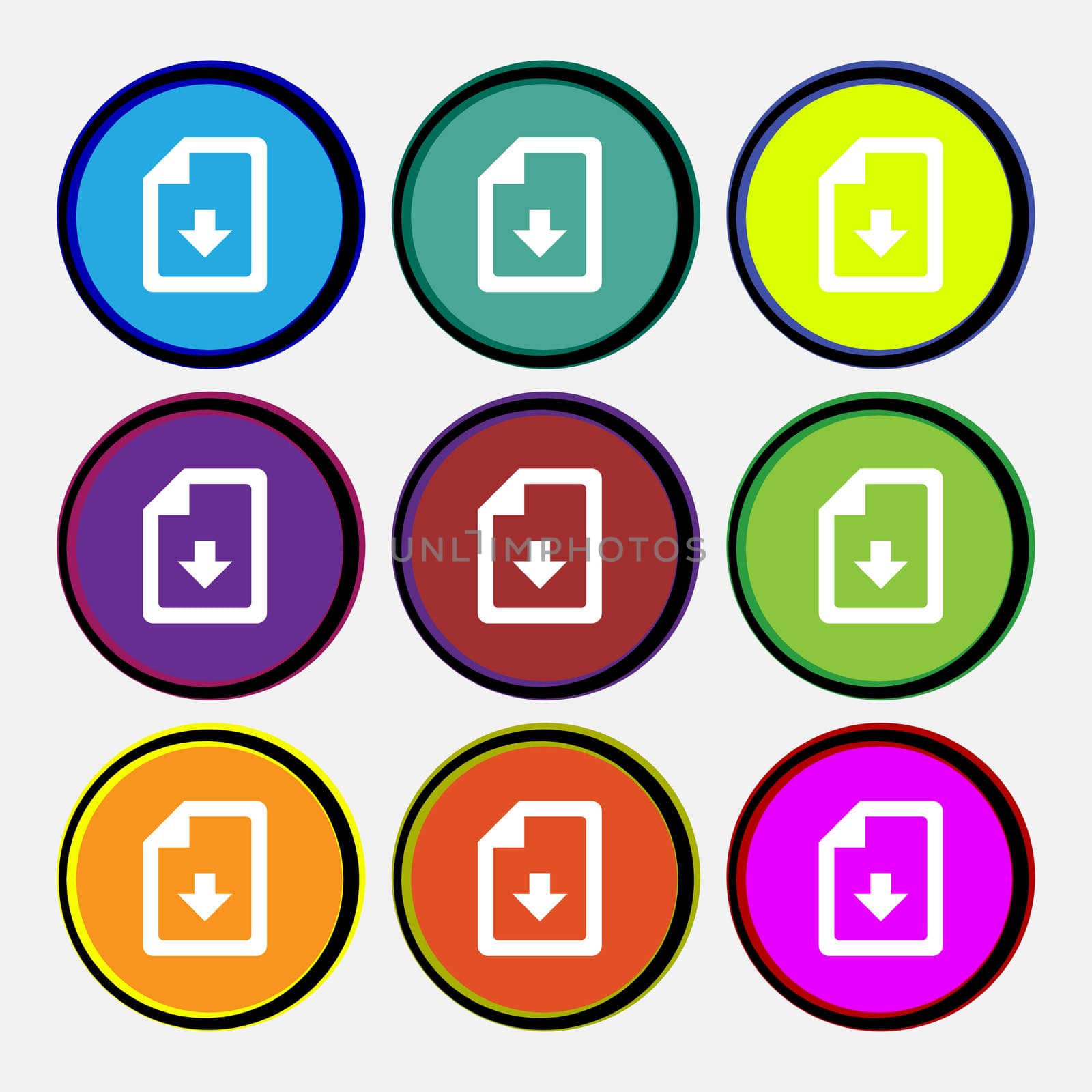 import, download file icon sign. Nine multi-colored round buttons. illustration